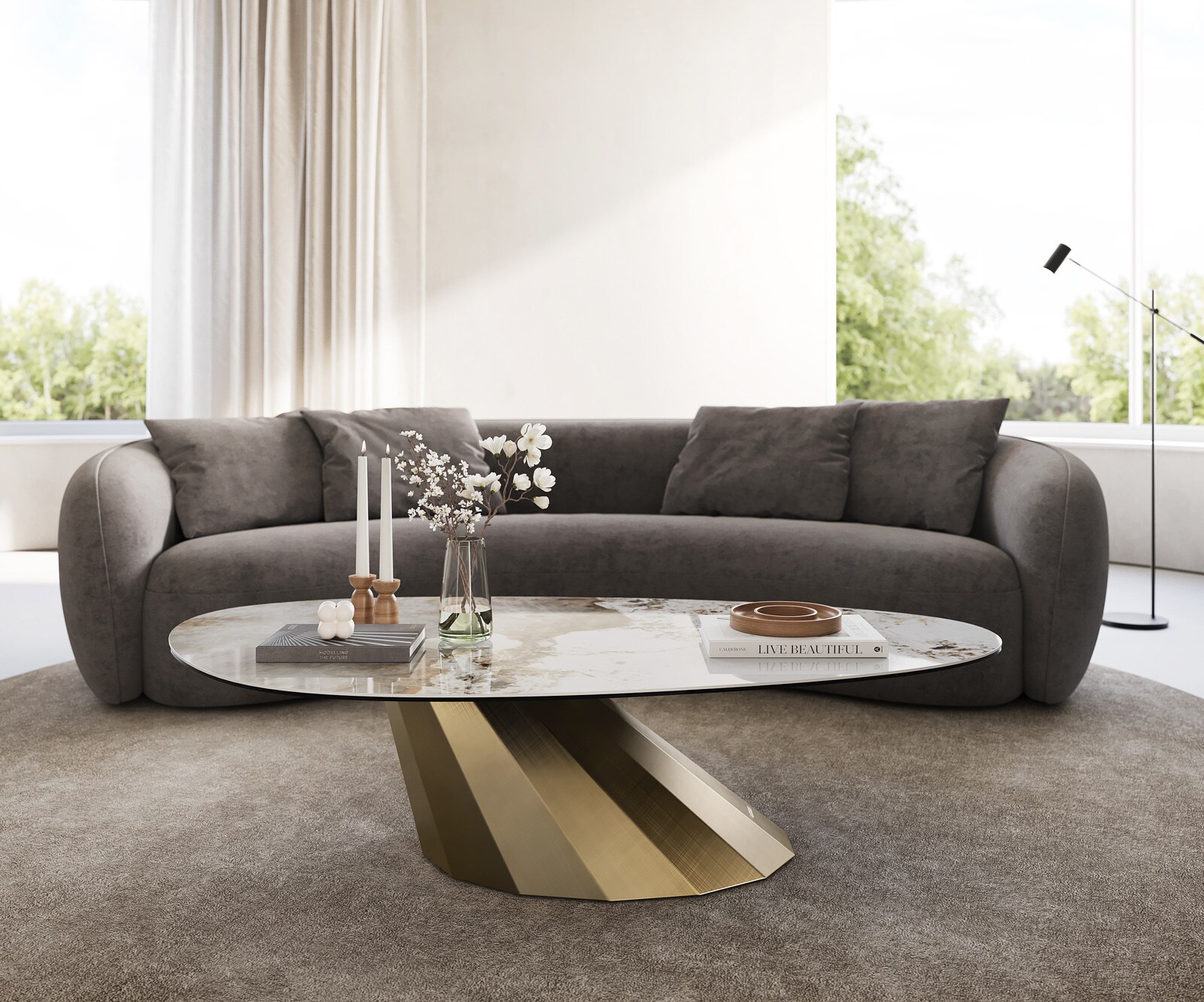 Table basse Edge Oval 140x75 cm céramique Minas Melange Parabi doré métallique 2