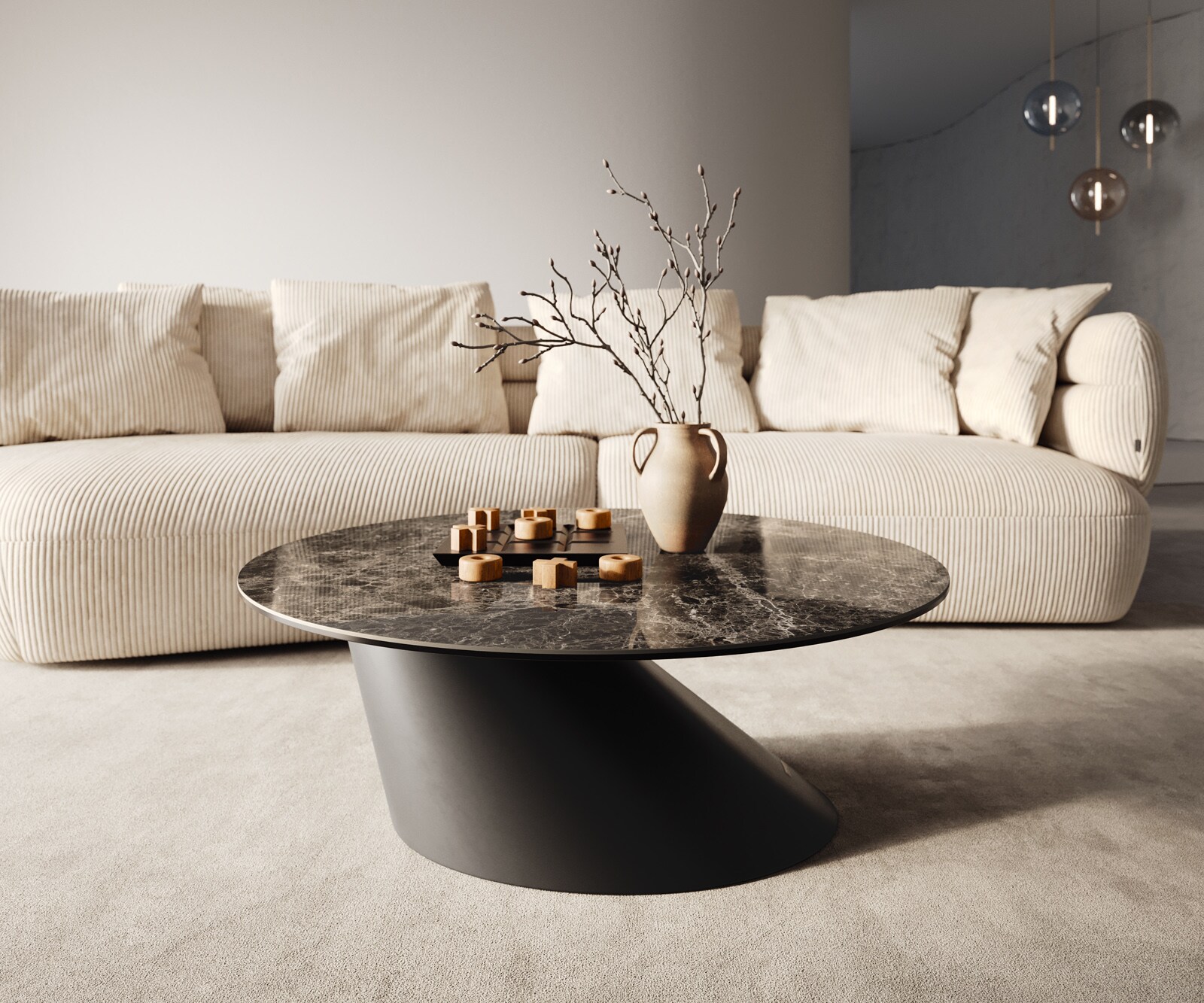 Table basse Edge rond 90x90 cm céramique Laminam® Emperador Extra Lucidato brun foncé Conis métal noir 6