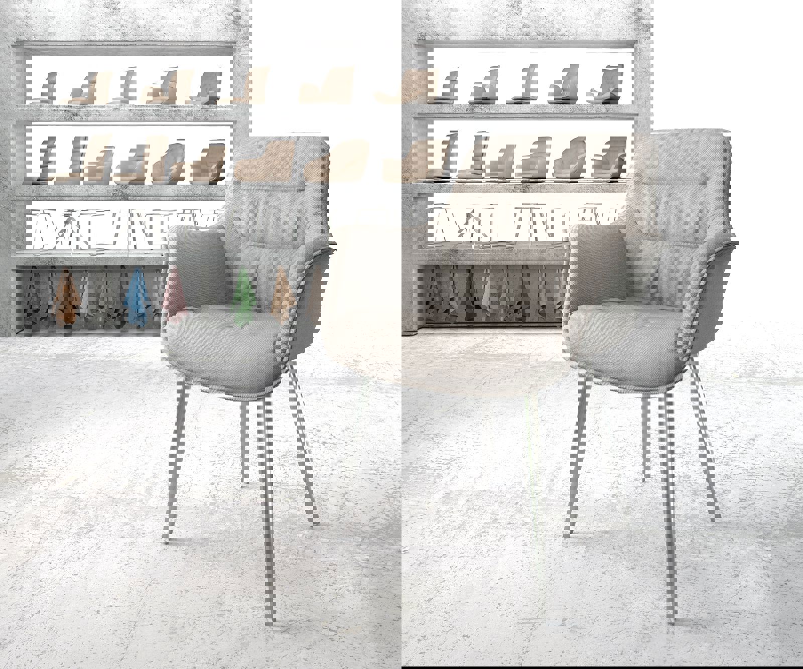 Chaise-de-salle-à-manger Kaira-Flex rayures gris clair 4 pieds coniques acier inoxydable brossé