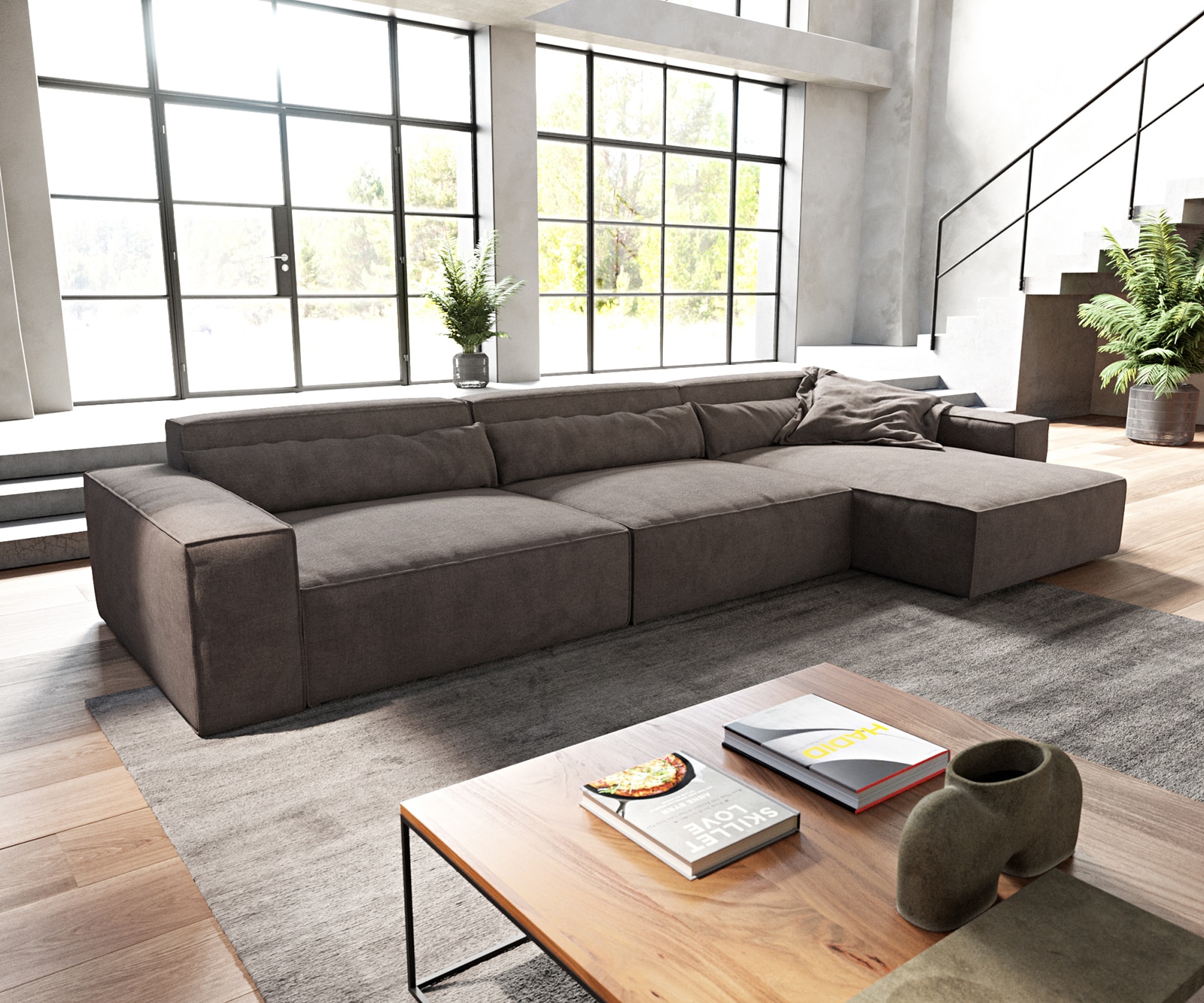 Canapé d'angle Sirpio XL 370x170 cm Microfibre Marron Kaki Recamiere variable Canapé d'angle Sirpio XL 370x170 cm Microfibre Marron Kaki Recamiere variable
