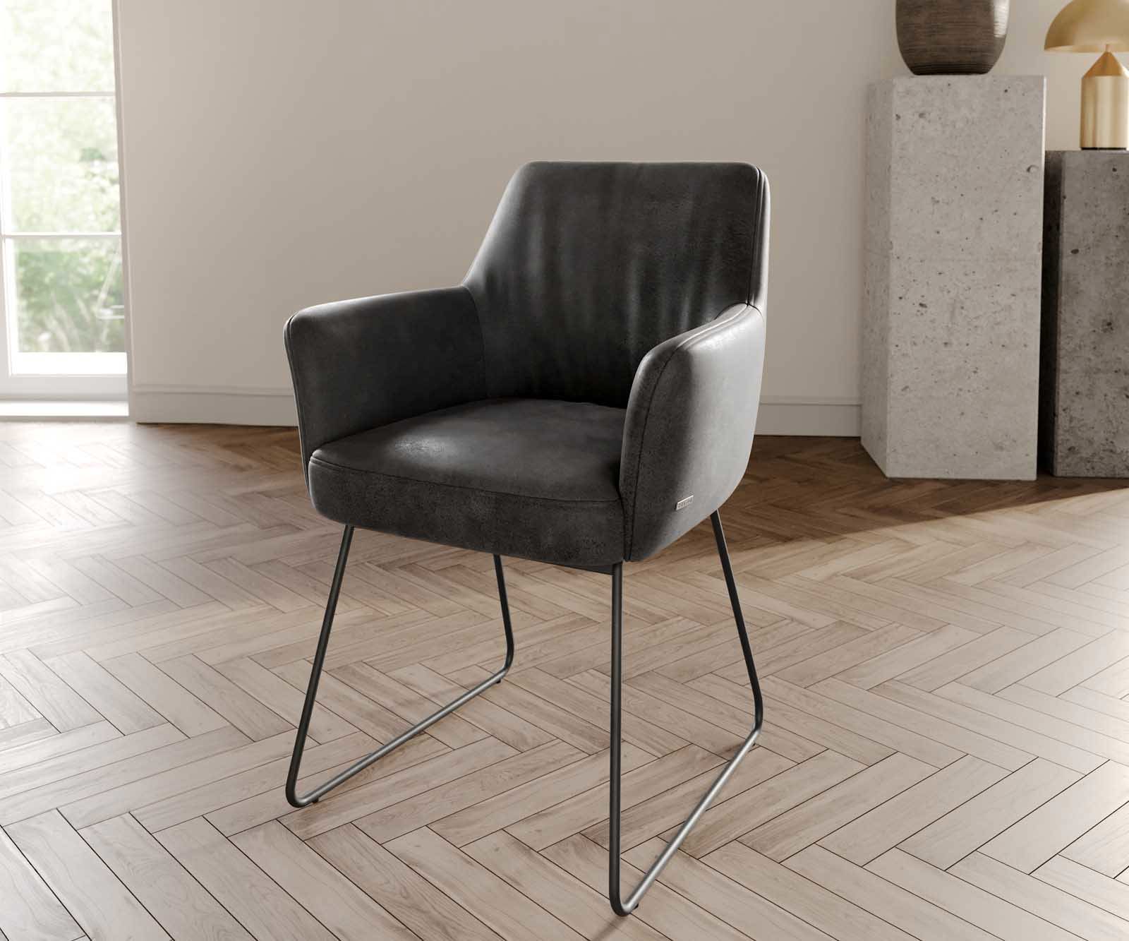 Chaise-de-salle-à-manger Xana-Flex avec accoudoirs microvelours anthracite vintage pied trapèze noir ressorts ensachés