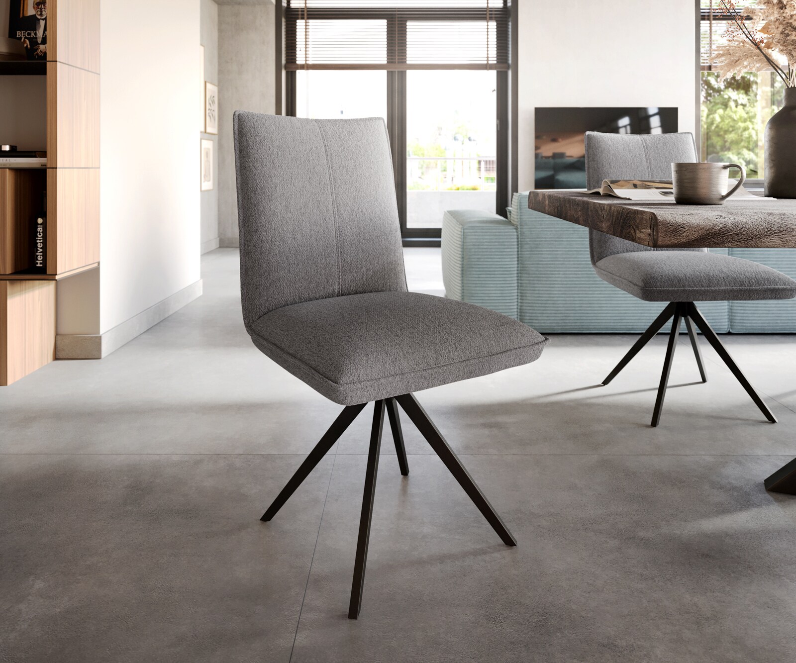 Chaise-de-salle-à-manger Lelio-Flex tissu texturé gris clair pied croisé large noir ressorts ensachés