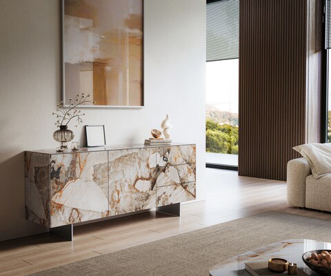 Buffet Cuor 180 cm Céramique Patagonia raffinée 2 Portes 3 Tiroirs Pied optique flottant Ancier inoxydable