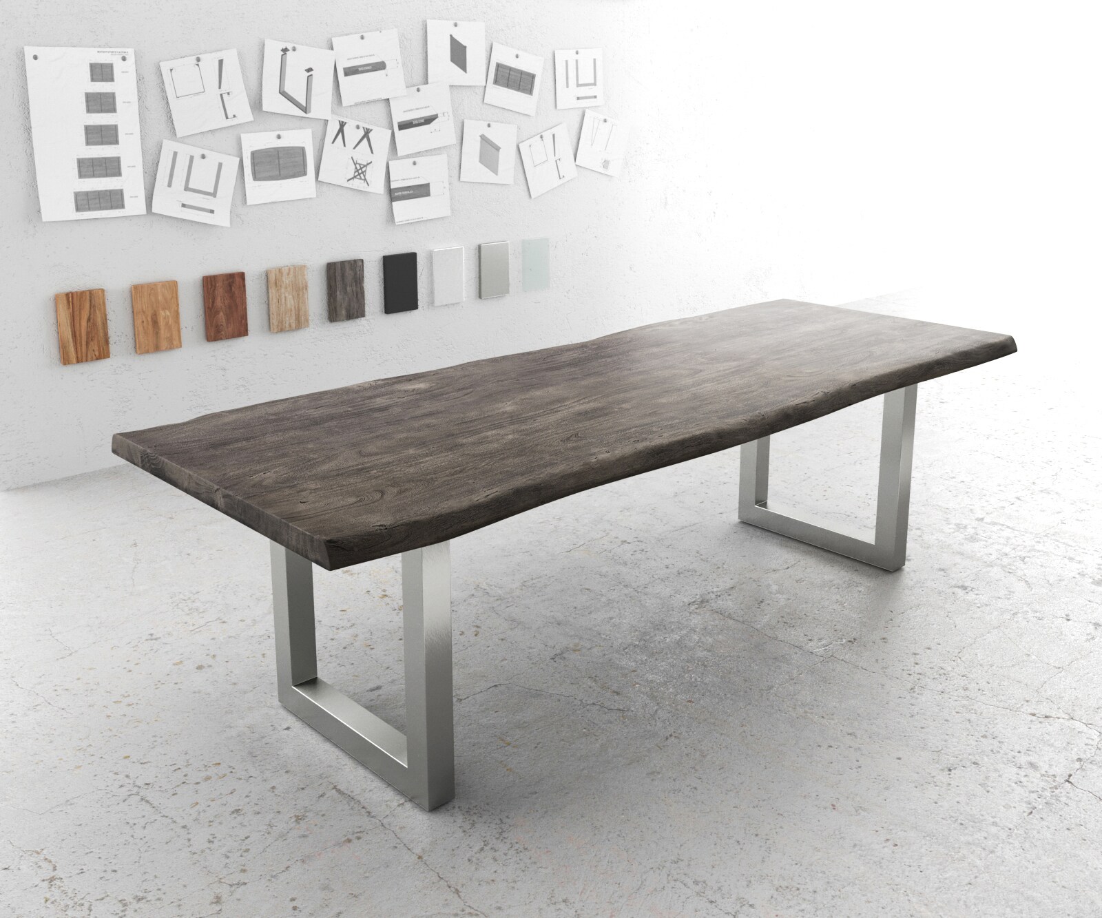 Table-à-manger Edge 260x100 XL acacia platine acier inoxydable large Live-Edge 1