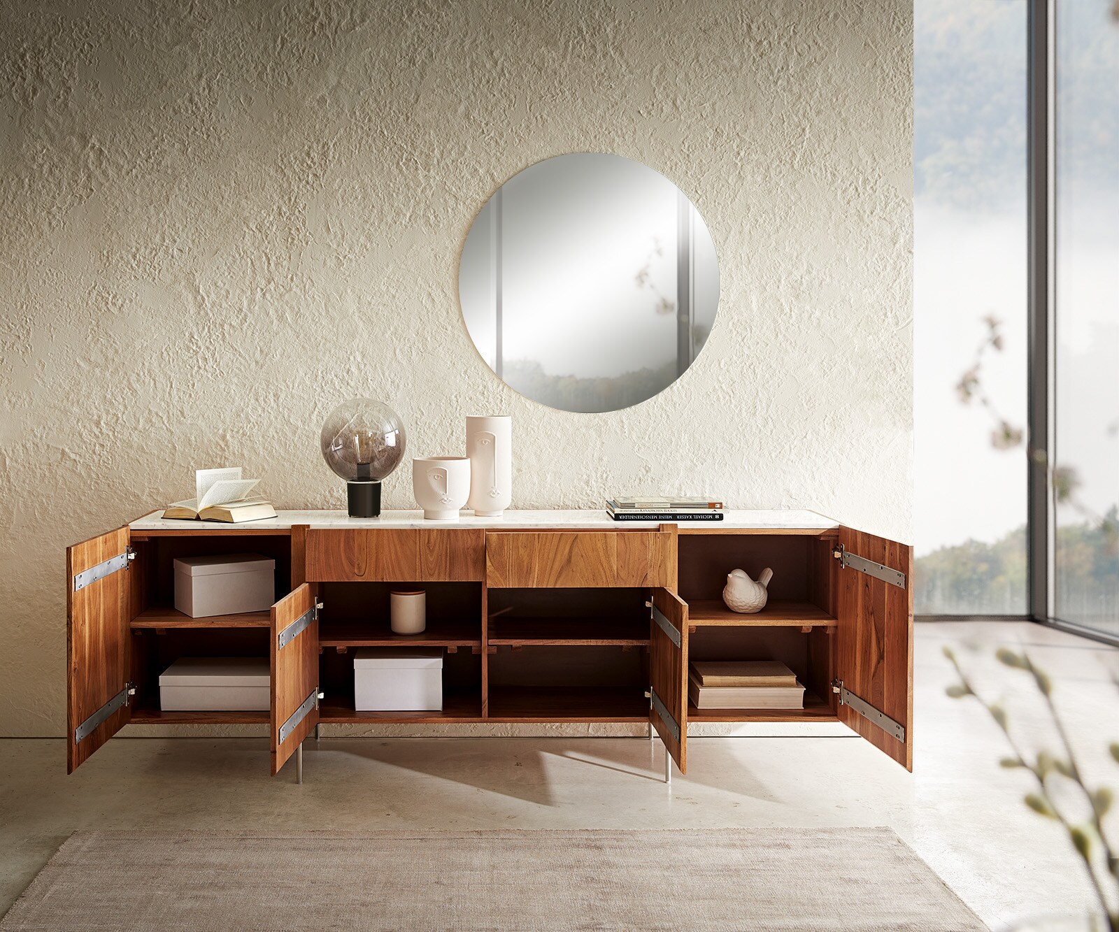 Buffet Secara 200 cm acacia naturel 4 portes 2 tiroirs marbre pieds inoxydable 3