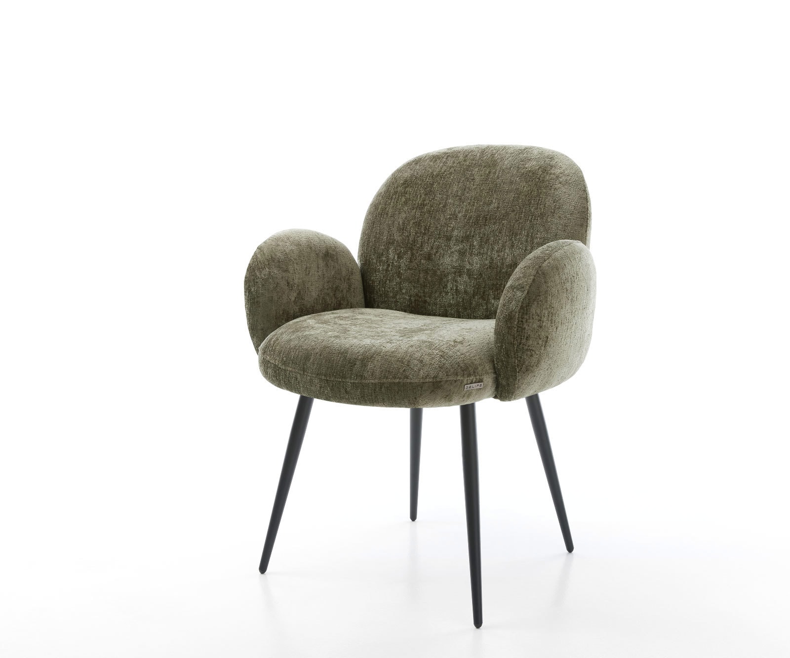 Chaise-de-salle-à-manger Nube-Flex avec accoudoirs chenille olive 4 pieds coniques noir ressorts ensachés Chaise-de-salle-à-manger Nube-Flex avec accoudoirs chenille olive 4 pieds coniques noir ressorts ensachés