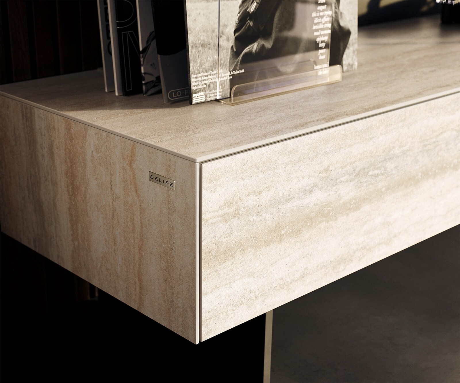 Meuble-TV Cuor 150 cm Céramique Laminam® Travertino Bianco Crème-blanc 1 Clapet 1 Tiroir Pied optique flottant Métal Noir 5