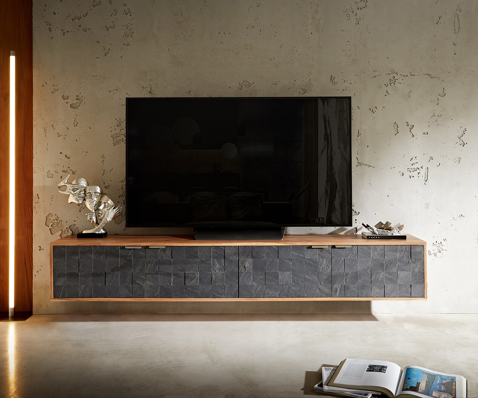 Meuble TV Teele 200 cm acacia naturel ardoise 4 portes flottantes 1