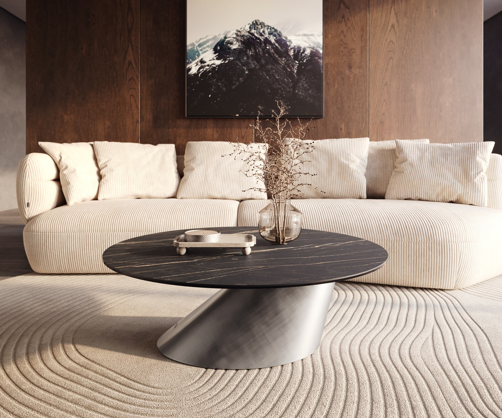 Table basse Edge rond 100x100 cm céramique Laminam® Noir Desir brun Conis argent métallique 5