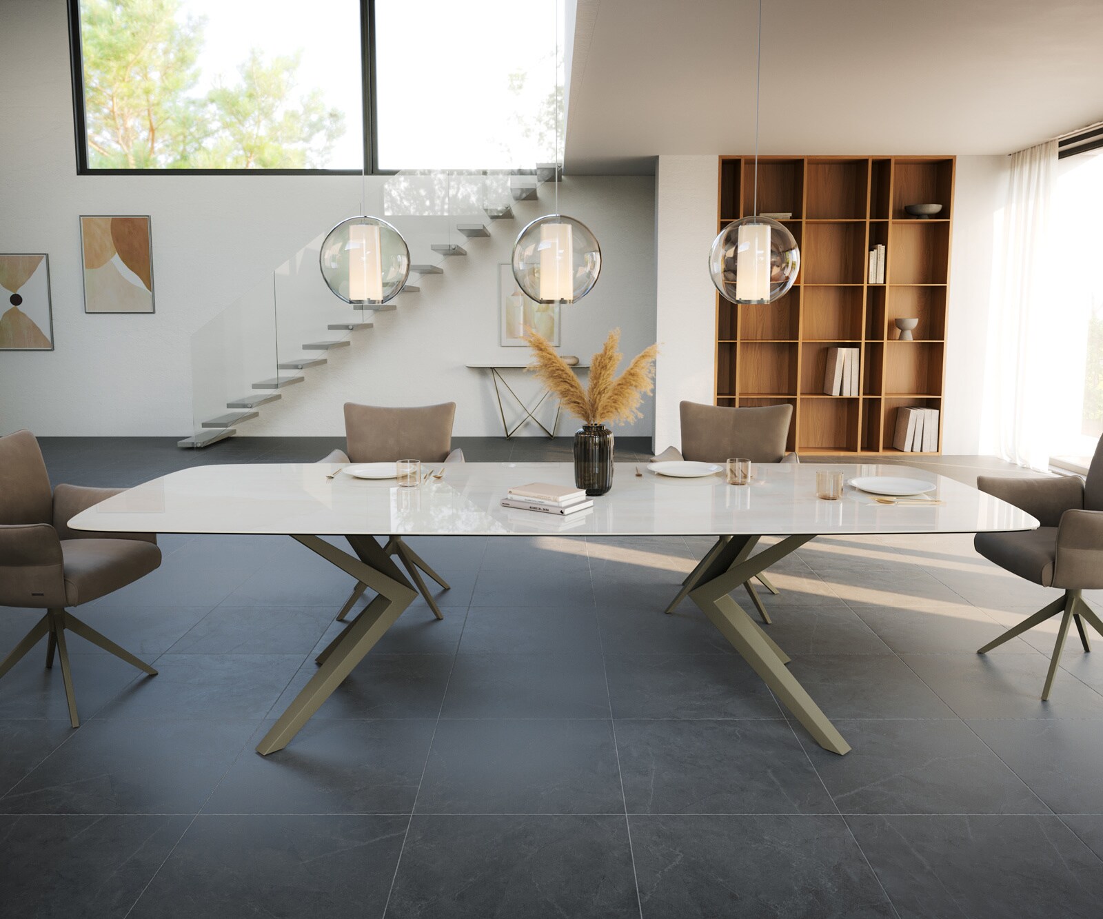 Table à manger Edge Boot 300x120 cm Céramique Onyx Champagne Zenthara Métal Finition effet Titan 2
