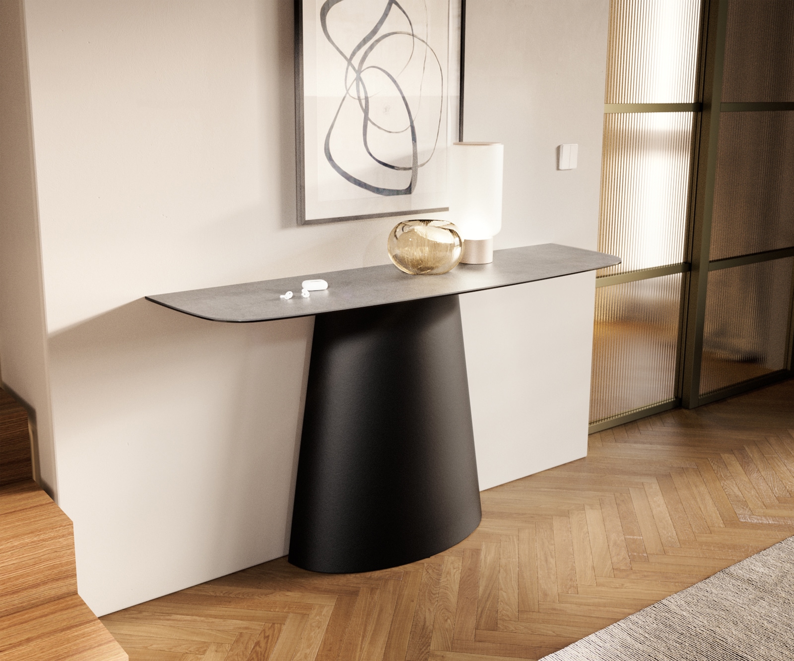 Console Edge forme bateau 140x40 cm Céramique Gris béton Conos Métal Noir