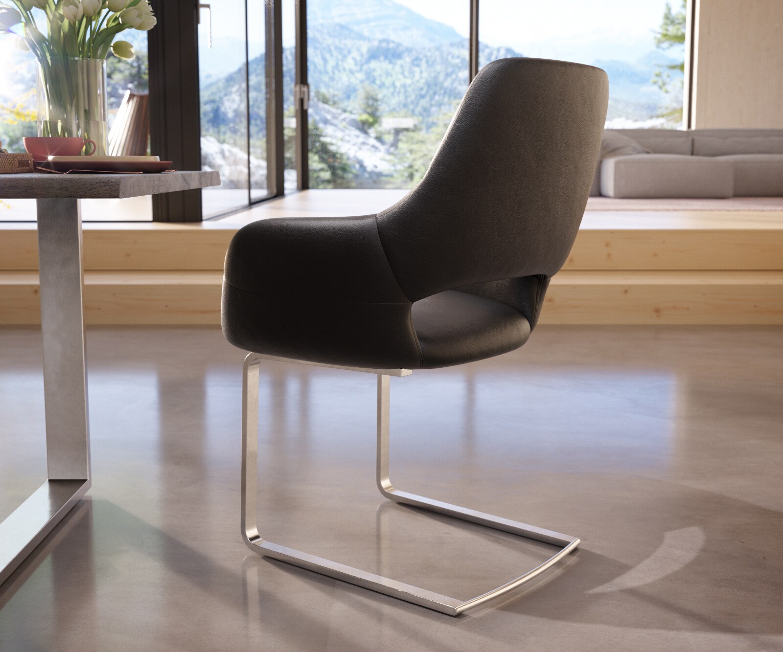 Cantilever Yago-Flex avec accoudoirs cuir de vache noir pied cantilever plat acier inoxydable brossé ressorts ensachés 4 Cantilever Yago-Flex avec accoudoirs cuir de vache noir pied cantilever plat acier inoxydable brossé ressorts ensachés 4
