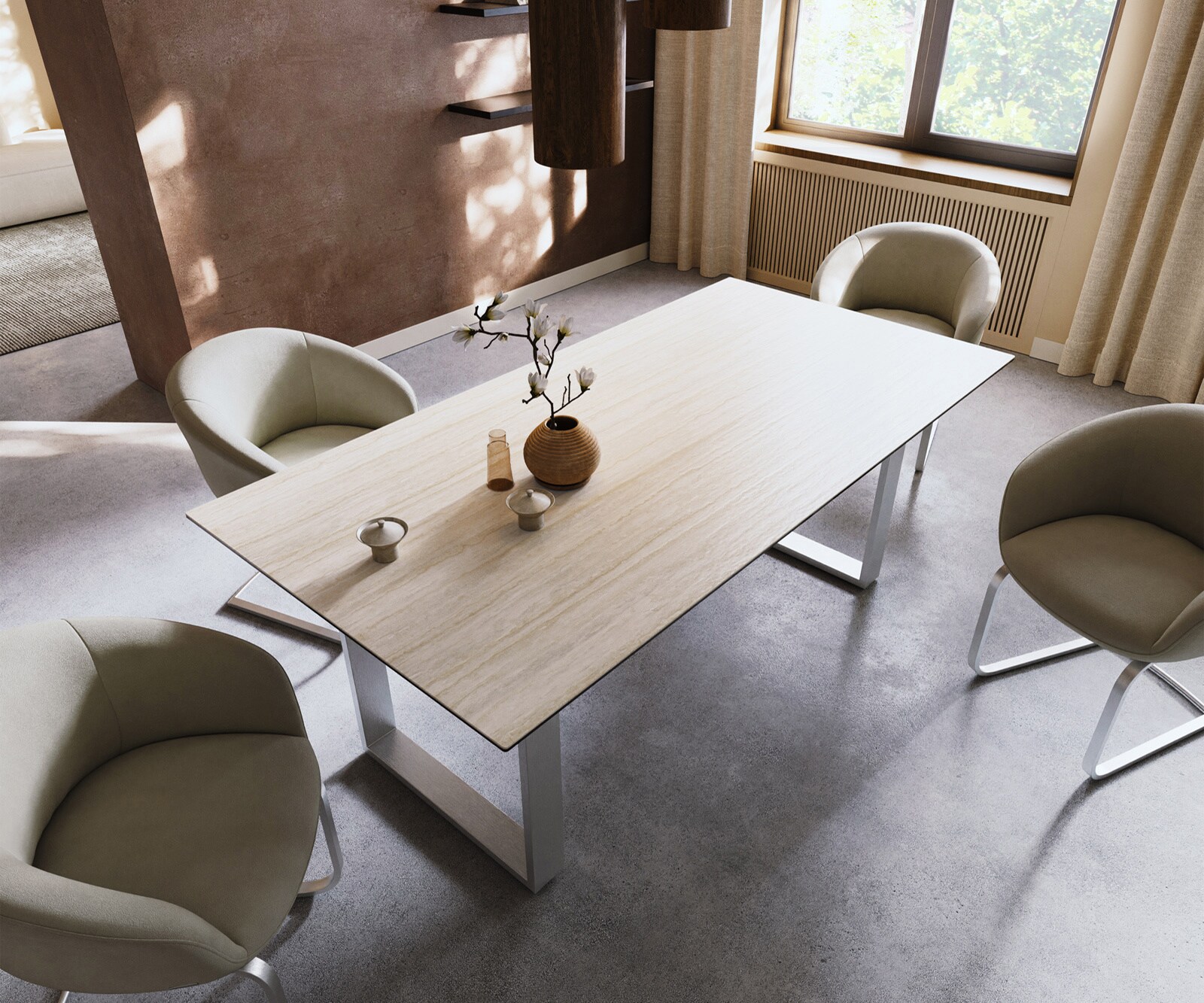 Table à manger Edge 200x100 céramique Laminam® Travertino Bianco crème-blanc acier inoxydable étroit 3