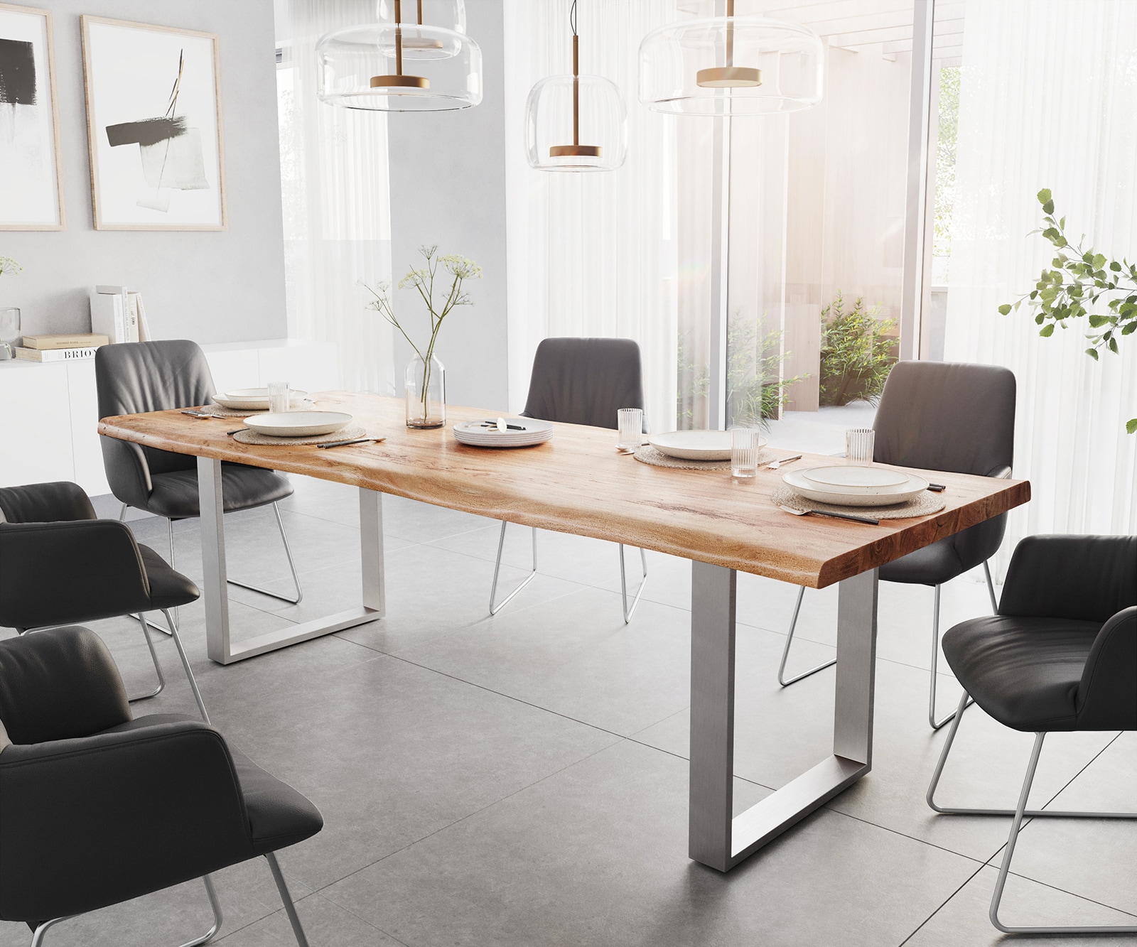 Table-à-manger Edge 260x100 XL acacia nature acier inoxydable mince Live-Edge Table-à-manger Edge 260x100 XL acacia nature acier inoxydable mince Live-Edge
