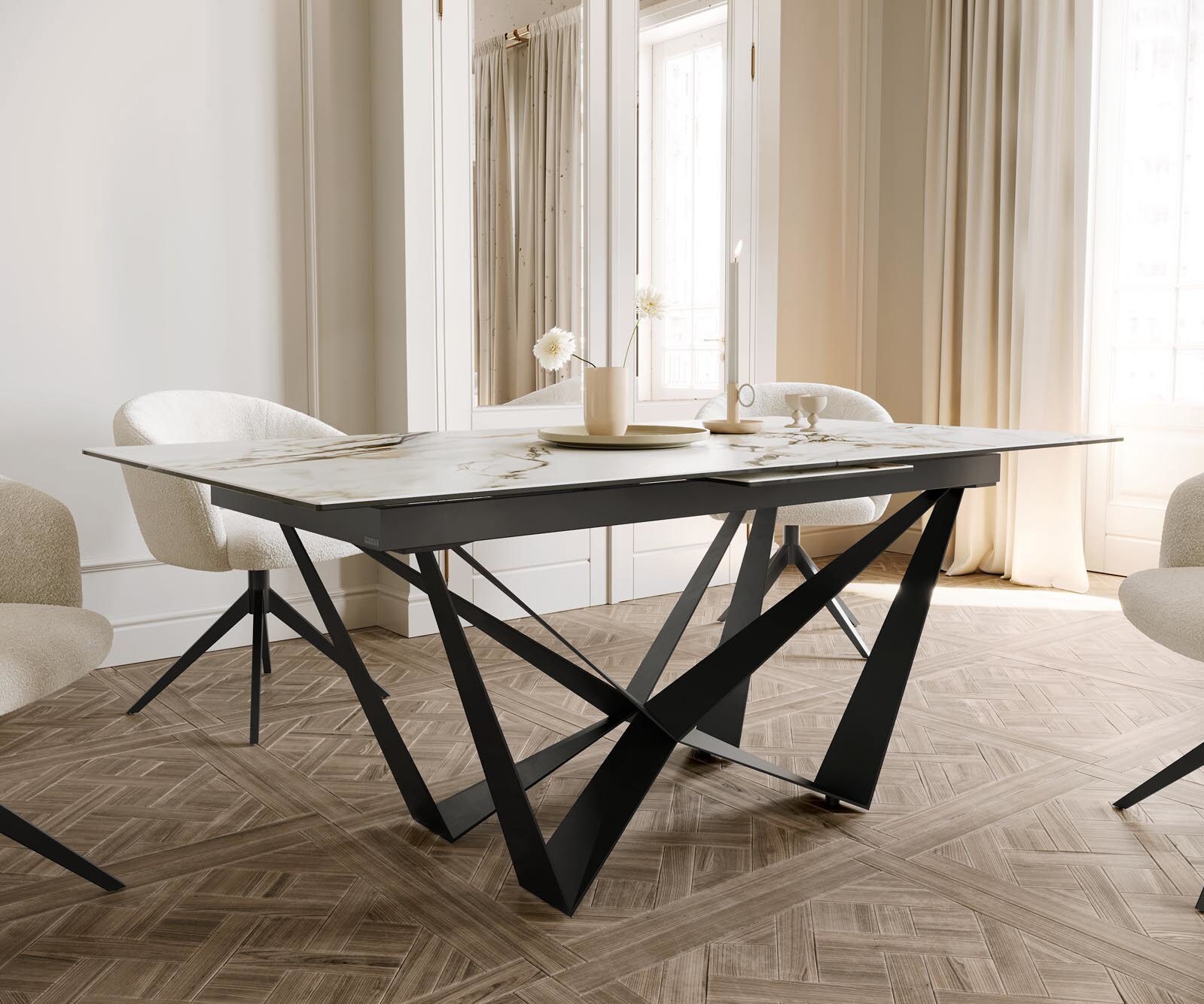 Table à manger Edge 180-220x100 céramique Calacatta Luxe blanc-doré-gris Spider acier plat noir extensible 5