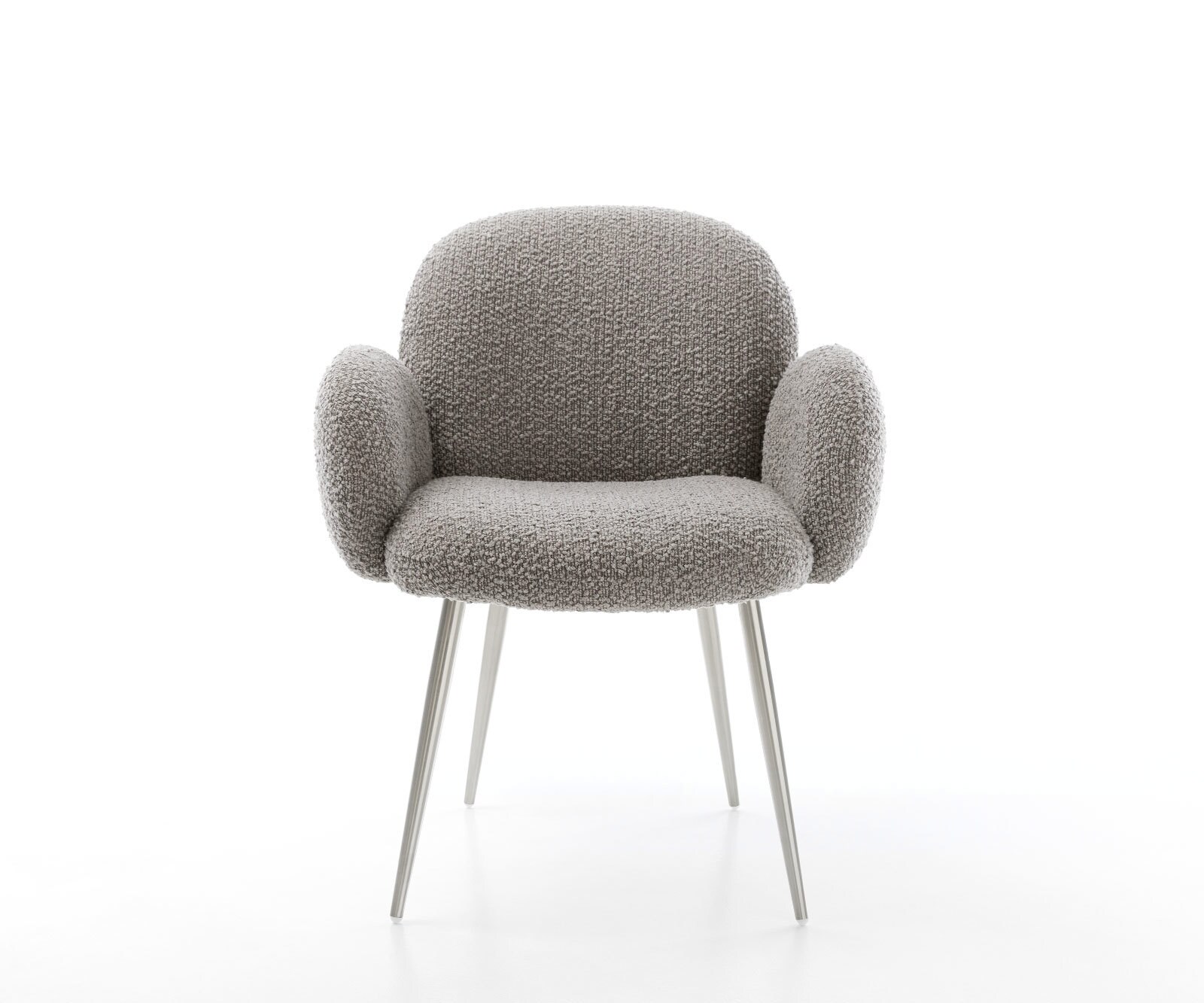 Chaise-de-salle-à-manger Nube-Flex avec accoudoirs bouclé gris argenté 4 pieds coniques acier inoxydable brossé ressorts ensachés 1 Chaise-de-salle-à-manger Nube-Flex avec accoudoirs bouclé gris argenté 4 pieds coniques acier inoxydable brossé ressorts ensachés 1