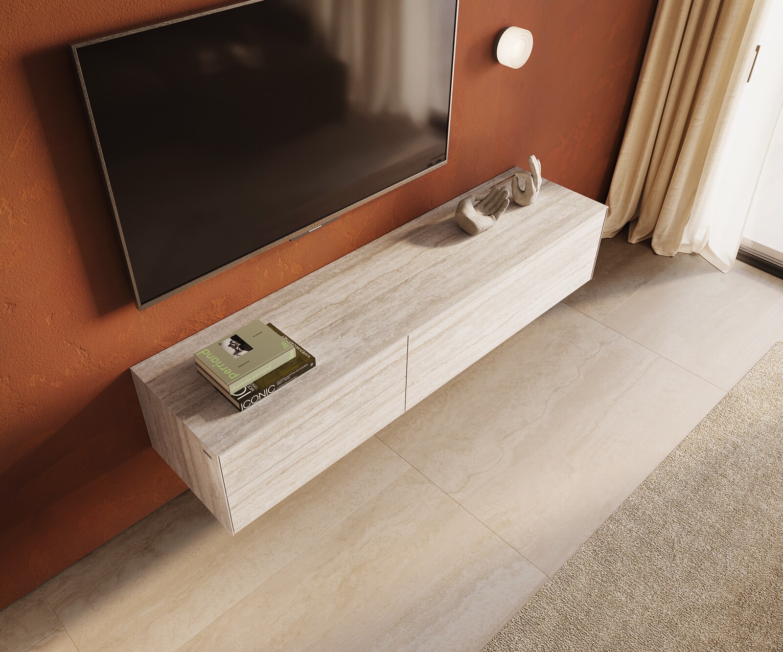 Meuble-TV Cuor 180 cm Céramique Laminam® Travertino Bianco Crème-blanc 1 Clapet 2 Tiroirs Flottant 4