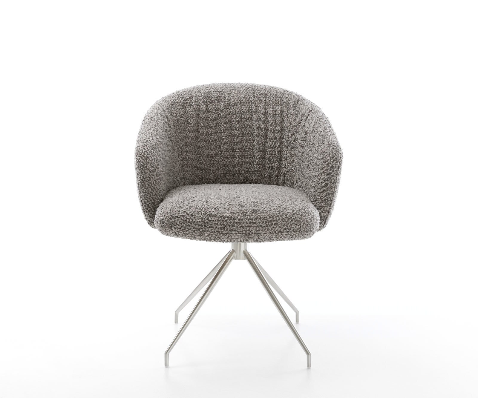 Chaise-pivotante Caja-Flex avec accoudoirs bouclé gris argenté pied croisé conique acier inoxydable brossé pivotement sur 180° ressorts ensachés 1