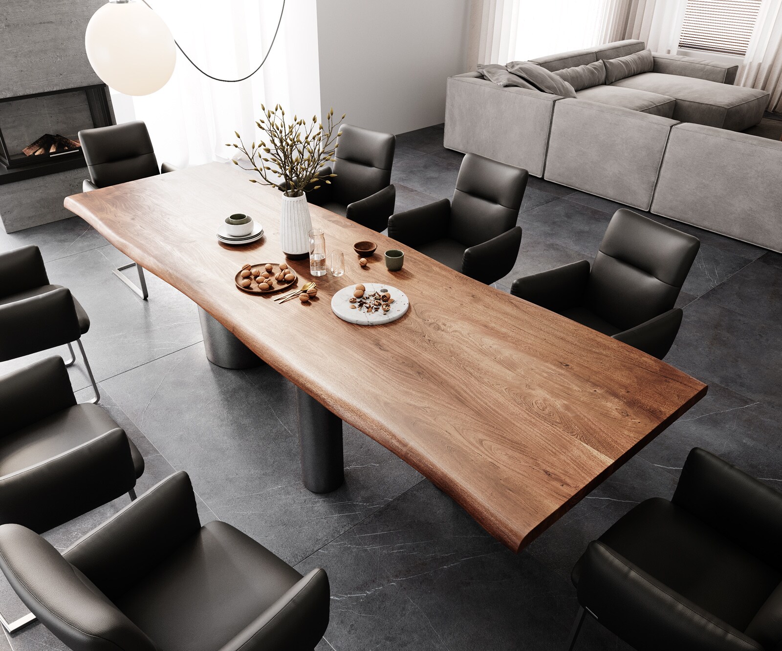 Table à manger Edge 300x100 XL Acacia Marron Troa Acier inoxydable Graphite Live-Edge 3