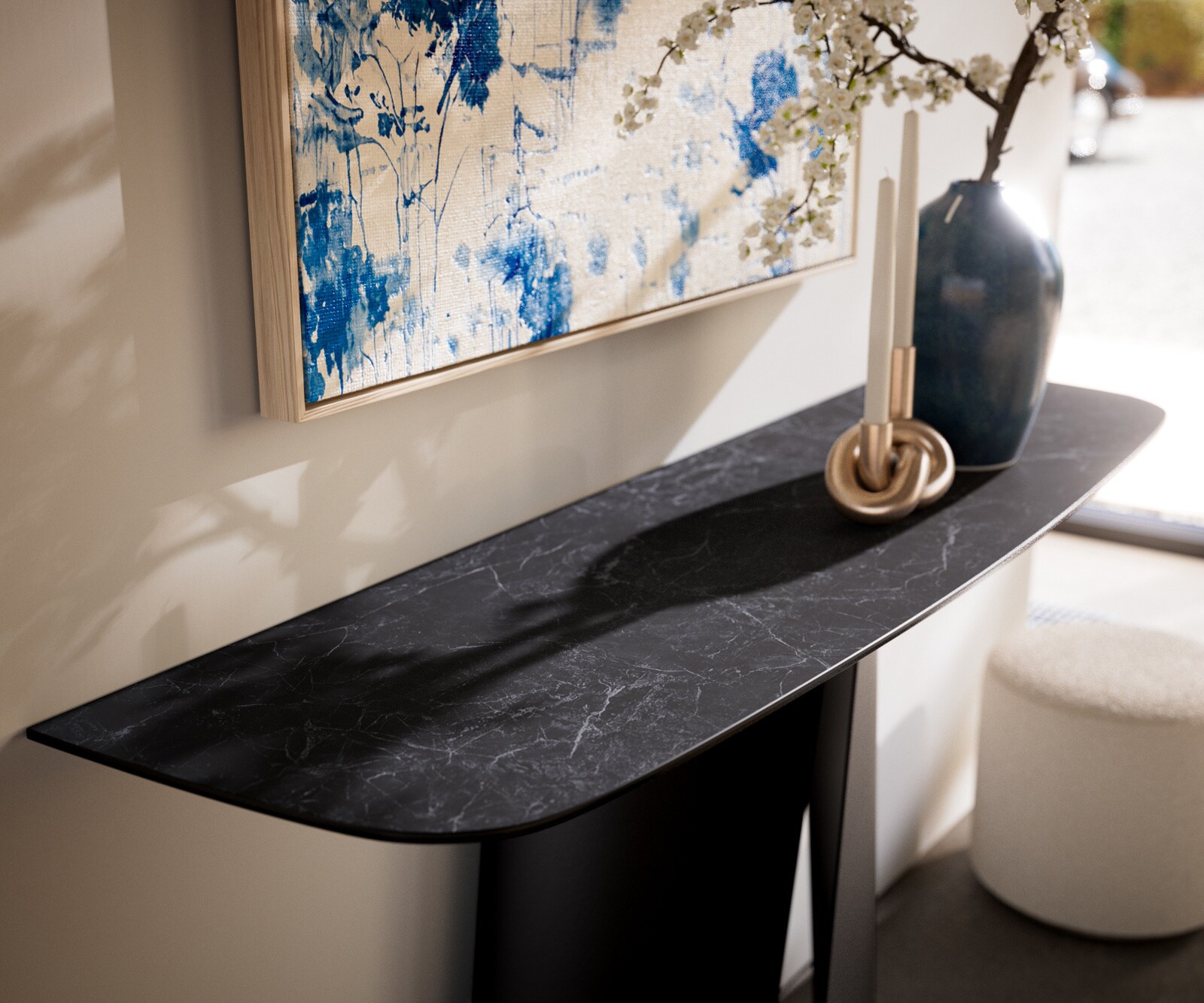 Console Edge forme bateau 140x40 cm Céramique Laminam® Nero Greco Anthrazit Livos Métal Noir 1
