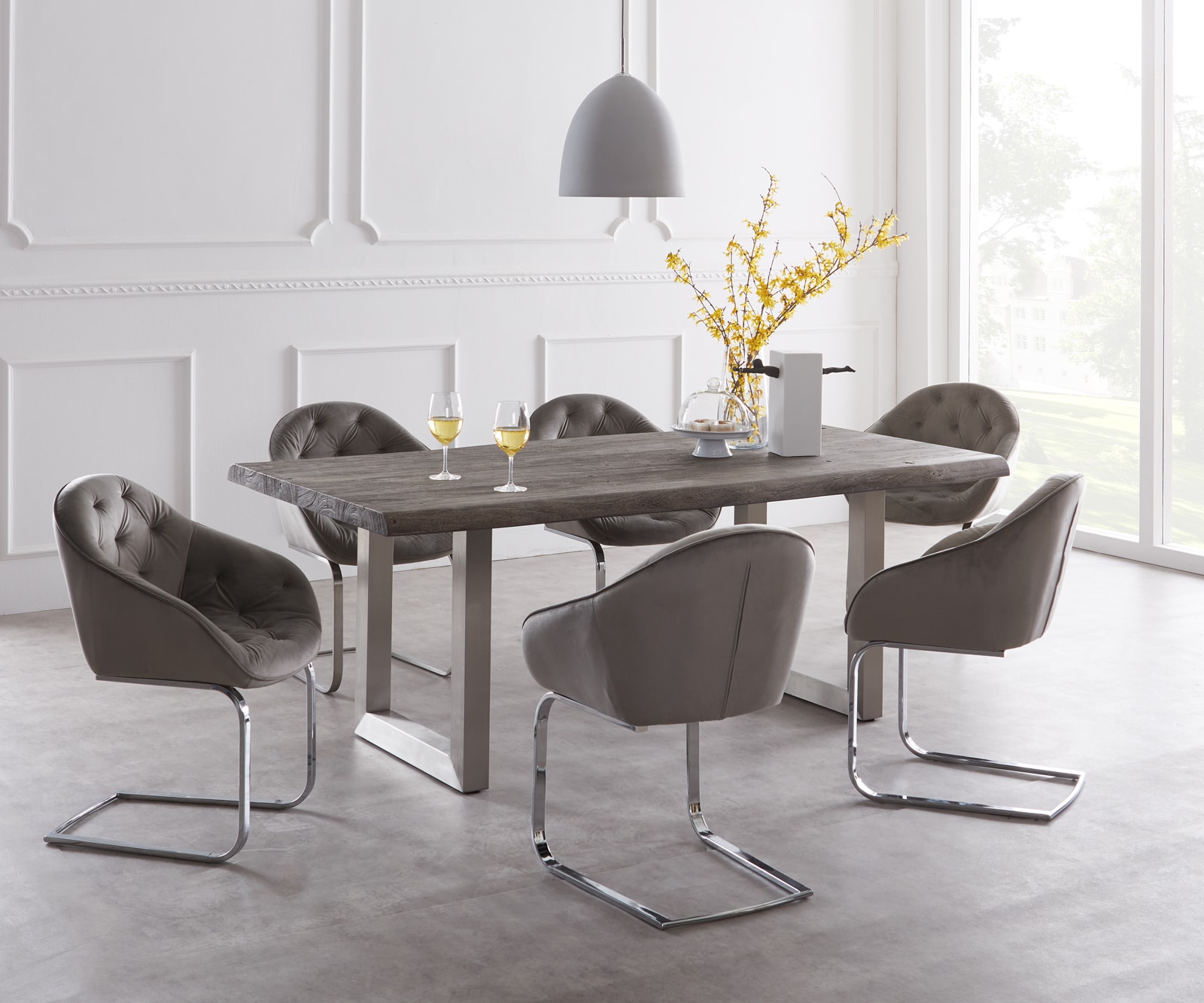 Table-à-manger Edge 200x100 XL acacia platine acier inoxydable large Live-Edge Table-à-manger Edge 200x100 XL acacia platine acier inoxydable large Live-Edge