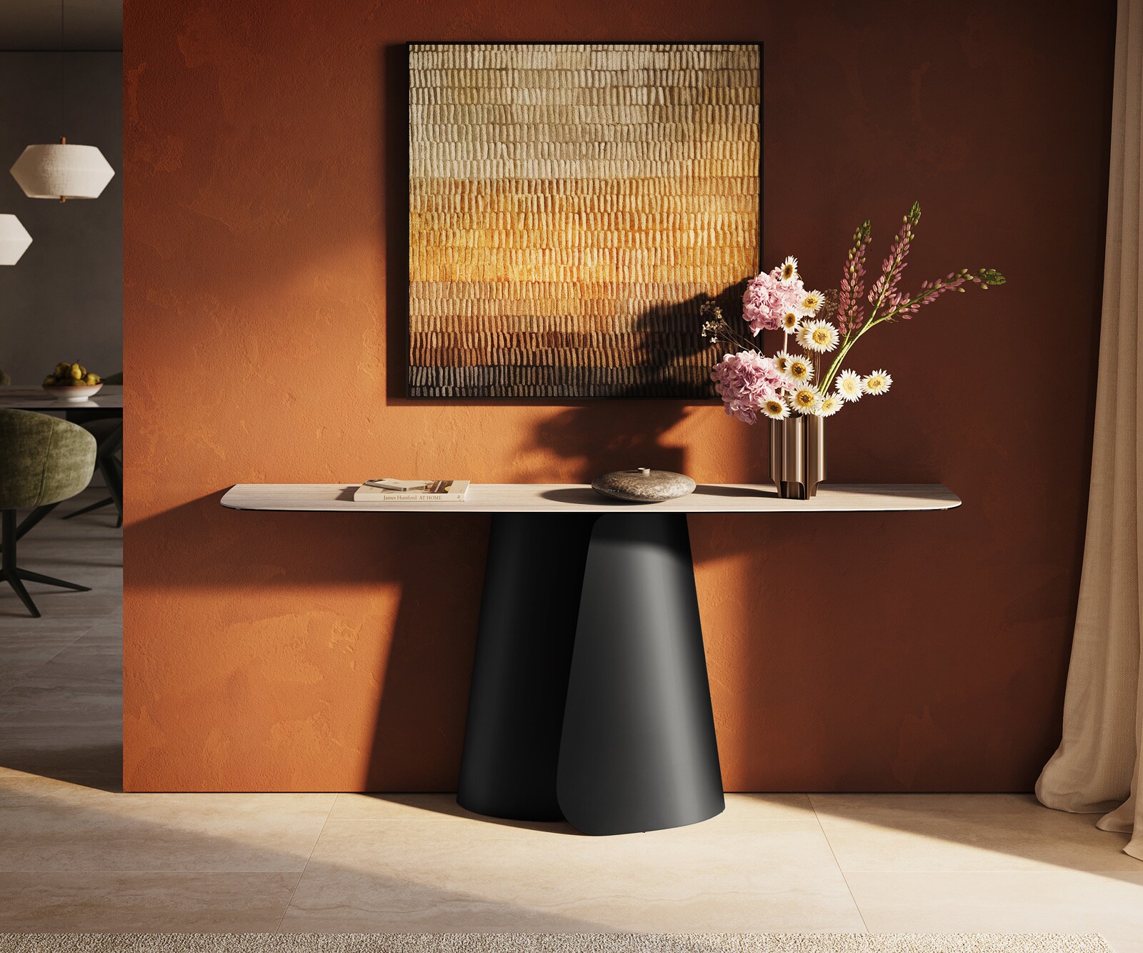 Console Edge forme bateau 180x40 cm Céramique Laminam® Travertino Bianco Creme-Weiß Livos Métal Noir