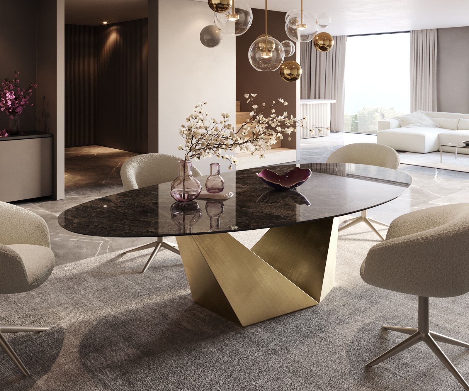 Table à manger Edge ovalee 280x130 céramique Laminam® Emperador Extra Lucidato marron foncé Prisma métallique doré