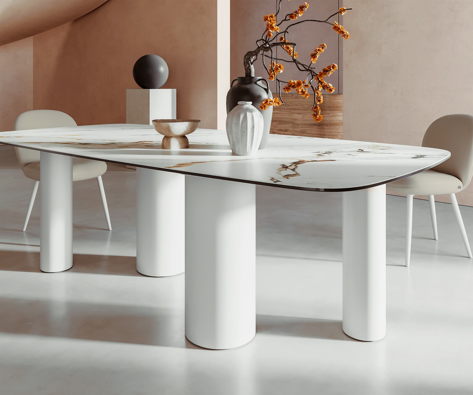 Table à manger Edge Boot 240x120 Céramique Calacatta Luxe Blanc-Doré-Gris Pilier Métal Blanc 6