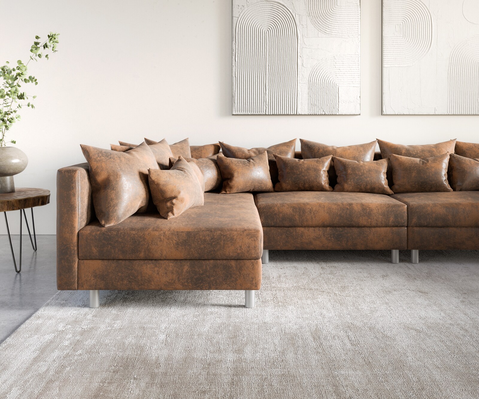 Canapé-panoramique Clovis XL marron look antique tabouret modulaire  5