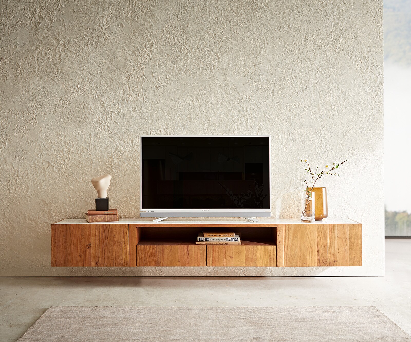 Meuble-TV Secara 220 cm acacia naturel 2 portes 2 tiroirs marbre flottant 1 Meuble-TV Secara 220 cm acacia naturel 2 portes 2 tiroirs marbre flottant 1