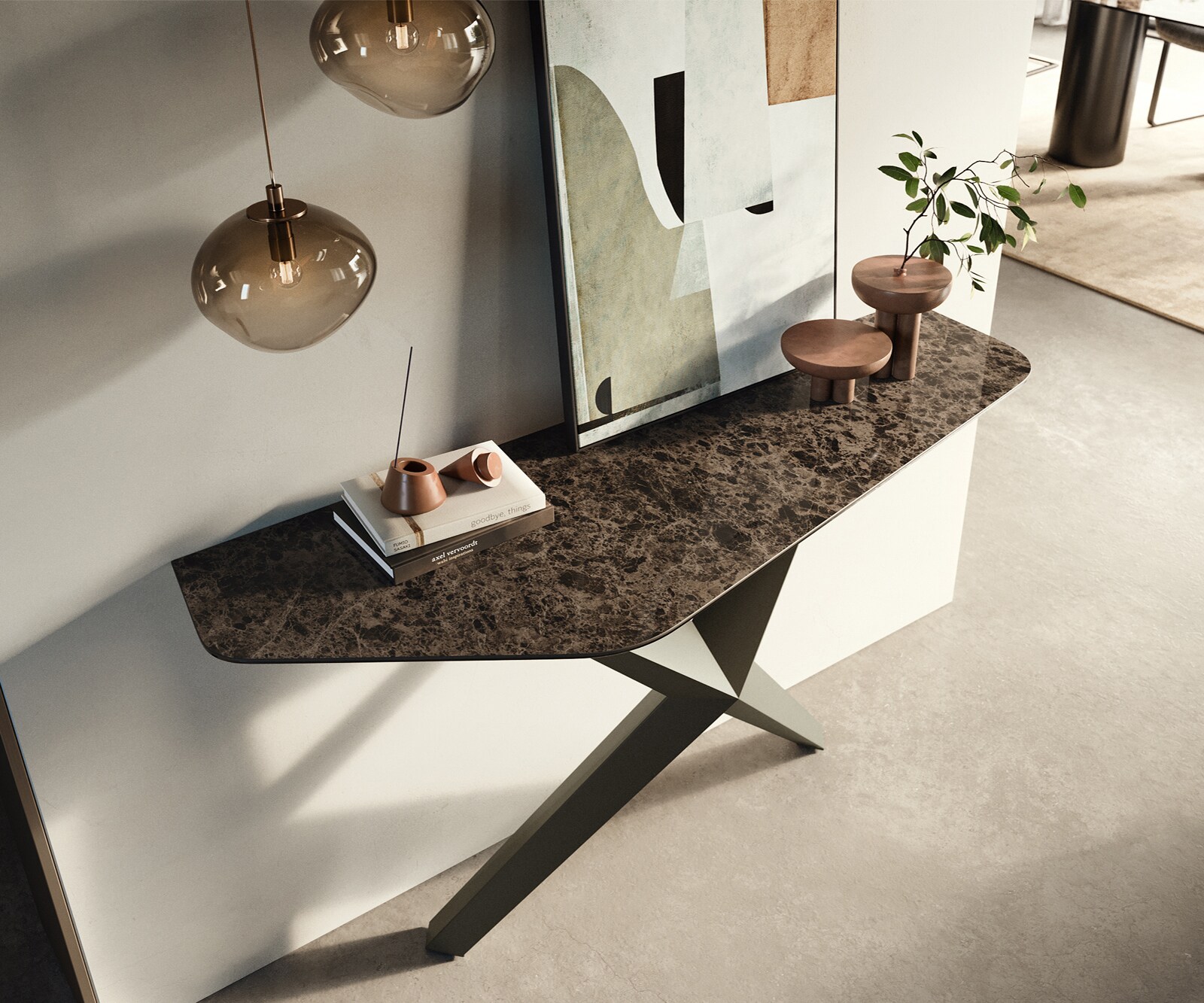 Console Edge Polygonal 140x50 cm Céramique Emperador Extra Lucidato Dunkelbraun Zentharo Métal Effektfinish Titan 1
