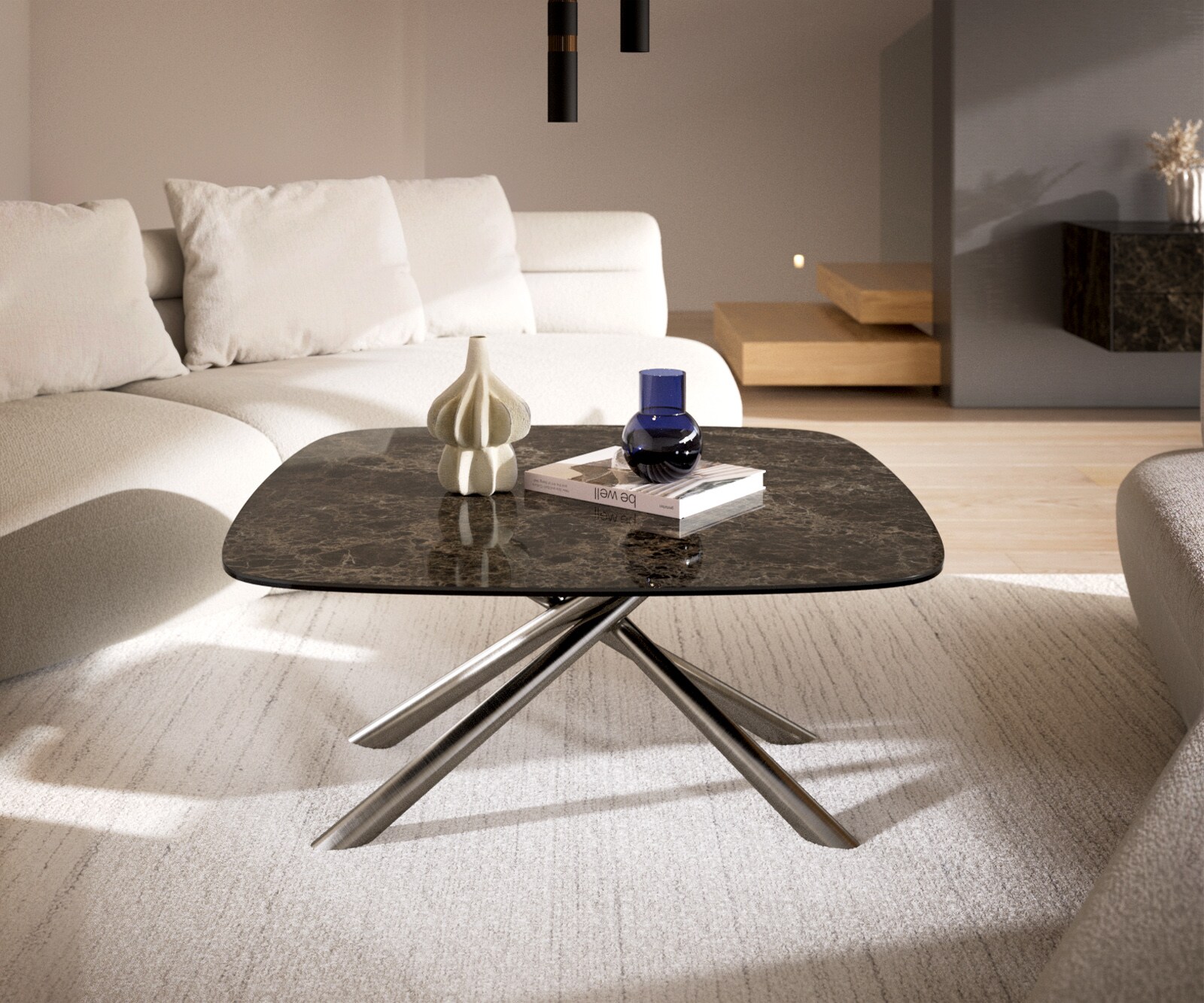 Table basse Edge Boot 90x90 cm céramique Laminam® Emperador Extra Lucidato brun foncé Sarity acier inoxydable brossé 1