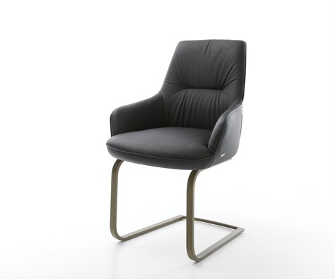 Cantilever Zelia-Flex avec accoudoirs cuir de vache noir pied cantilever plat aspect titane ressorts ensachés
