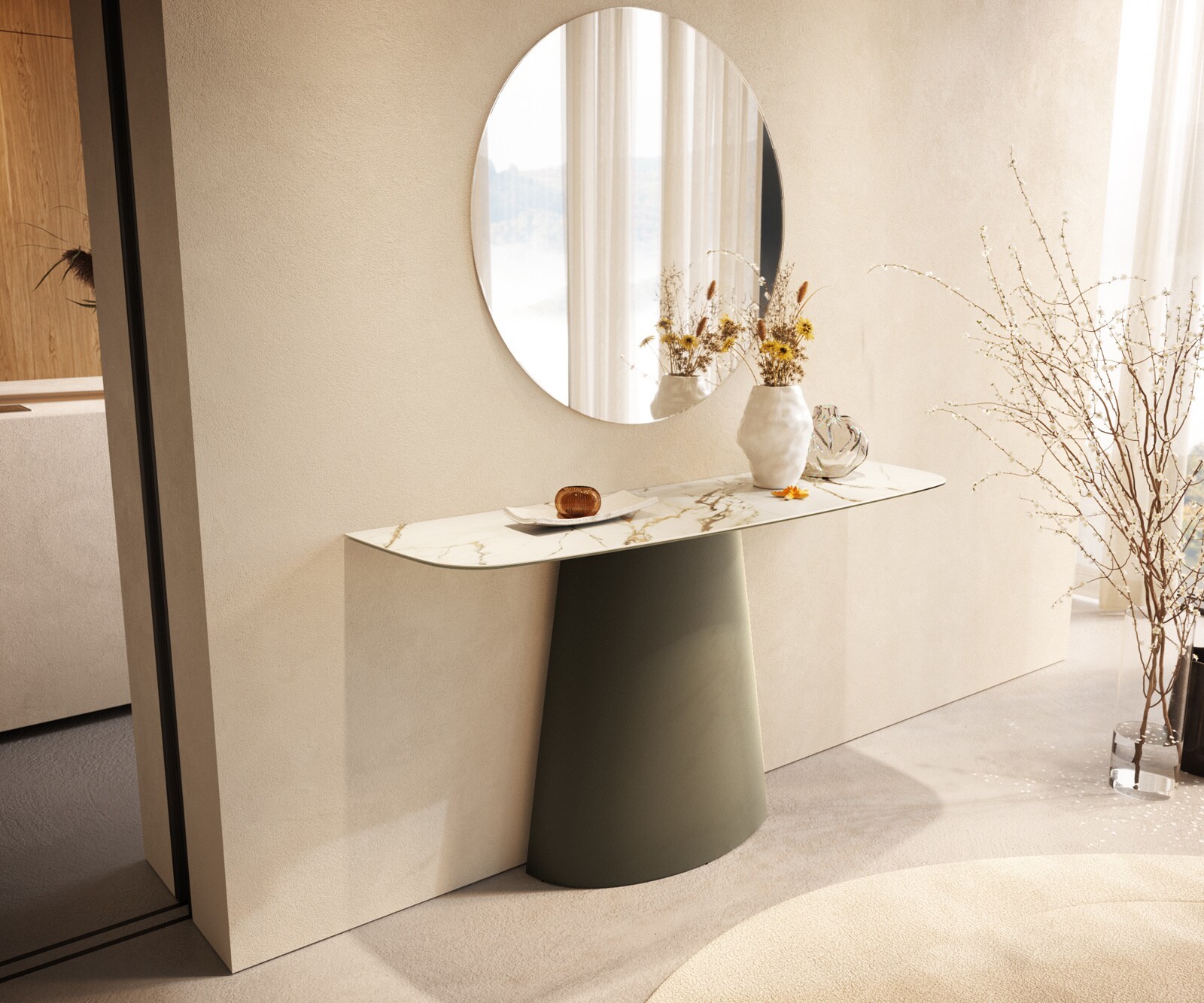 Console Edge forme bateau 140x40 cm Céramique Calacatta Luxe Weiß-Gold-Gris Conos Métal Effektfinish Titan 1