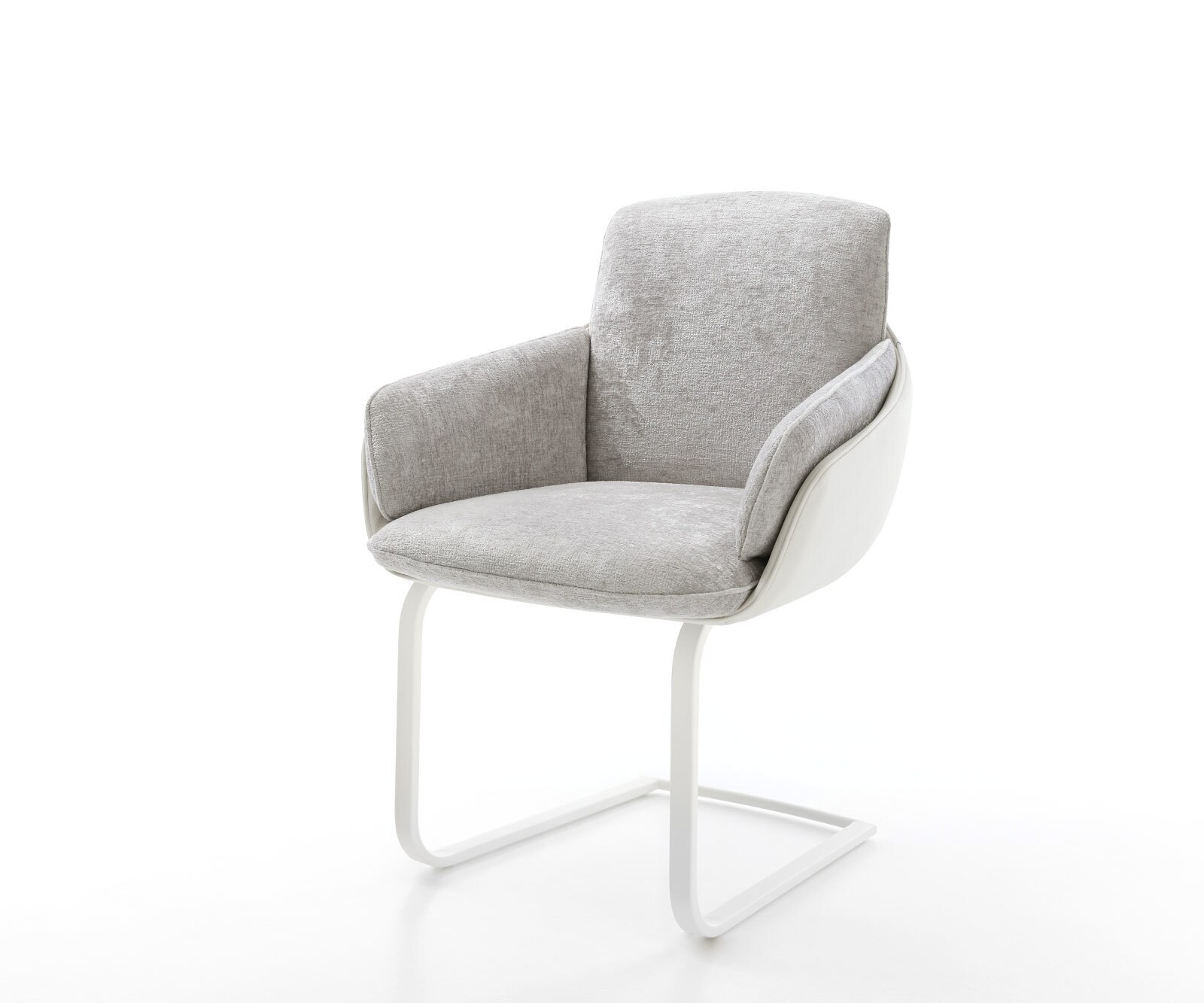 Cantilever Luan-Flex avec accoudoirs tissu mixte cuir de vache blanc-gris argenté pied cantilever plat blanc