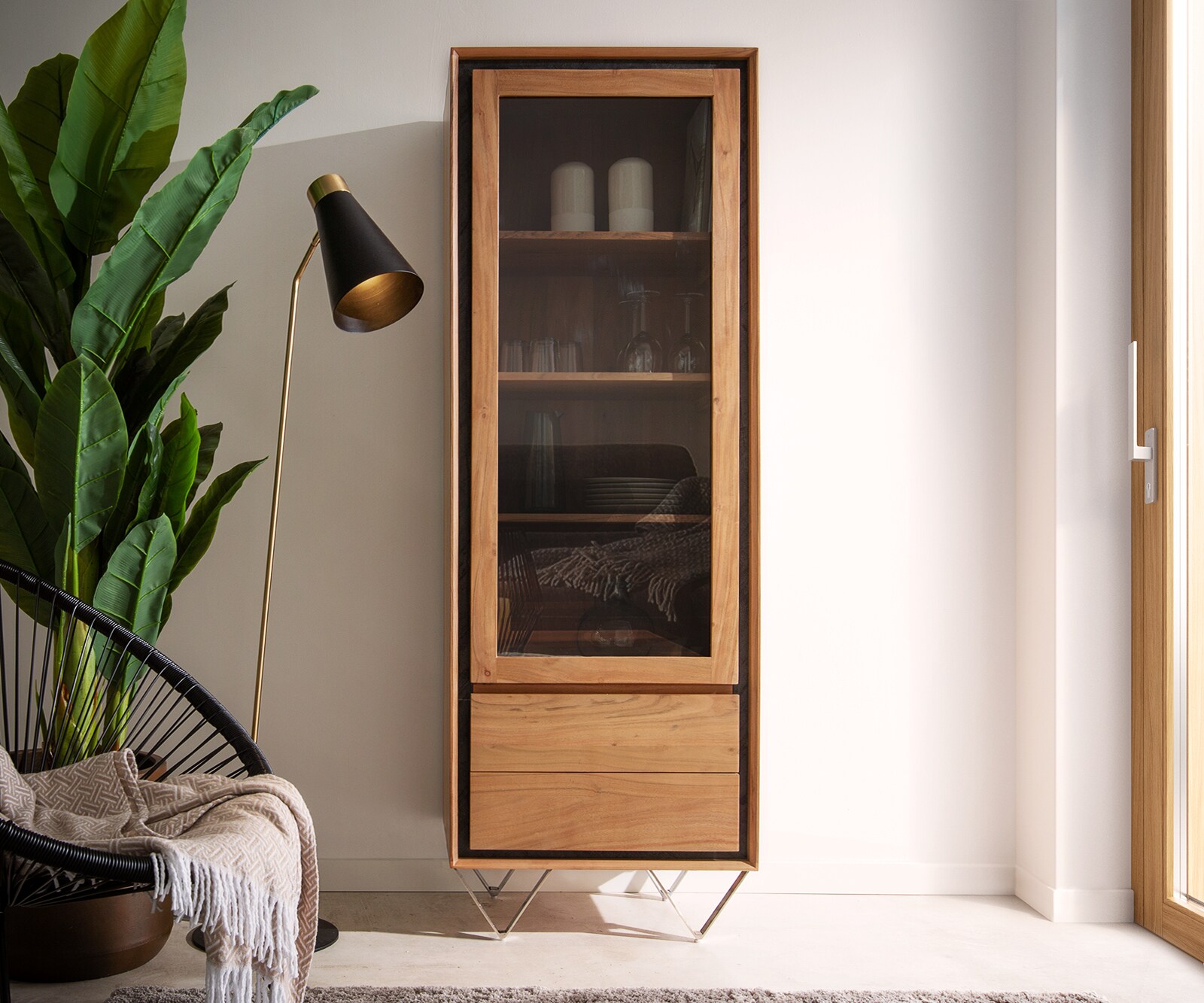 Vitrine Stonegrace 60x175 acacia nature 1portes  2 tiroirs placage en pierre pieds en V 1