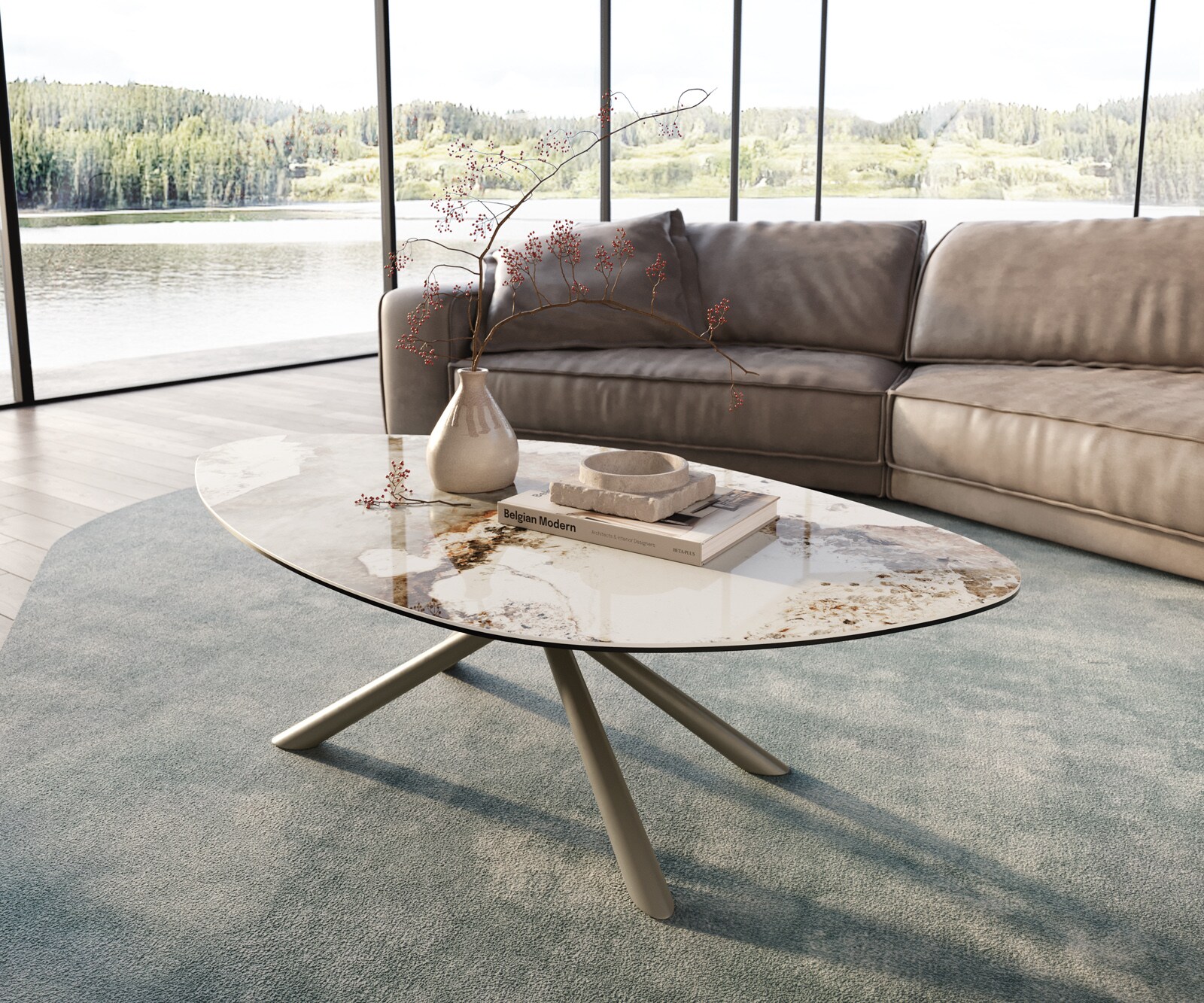 Table basse Edge Organique 140x76 cm céramique Minas Melange Sarity Metall finition effet titane 1