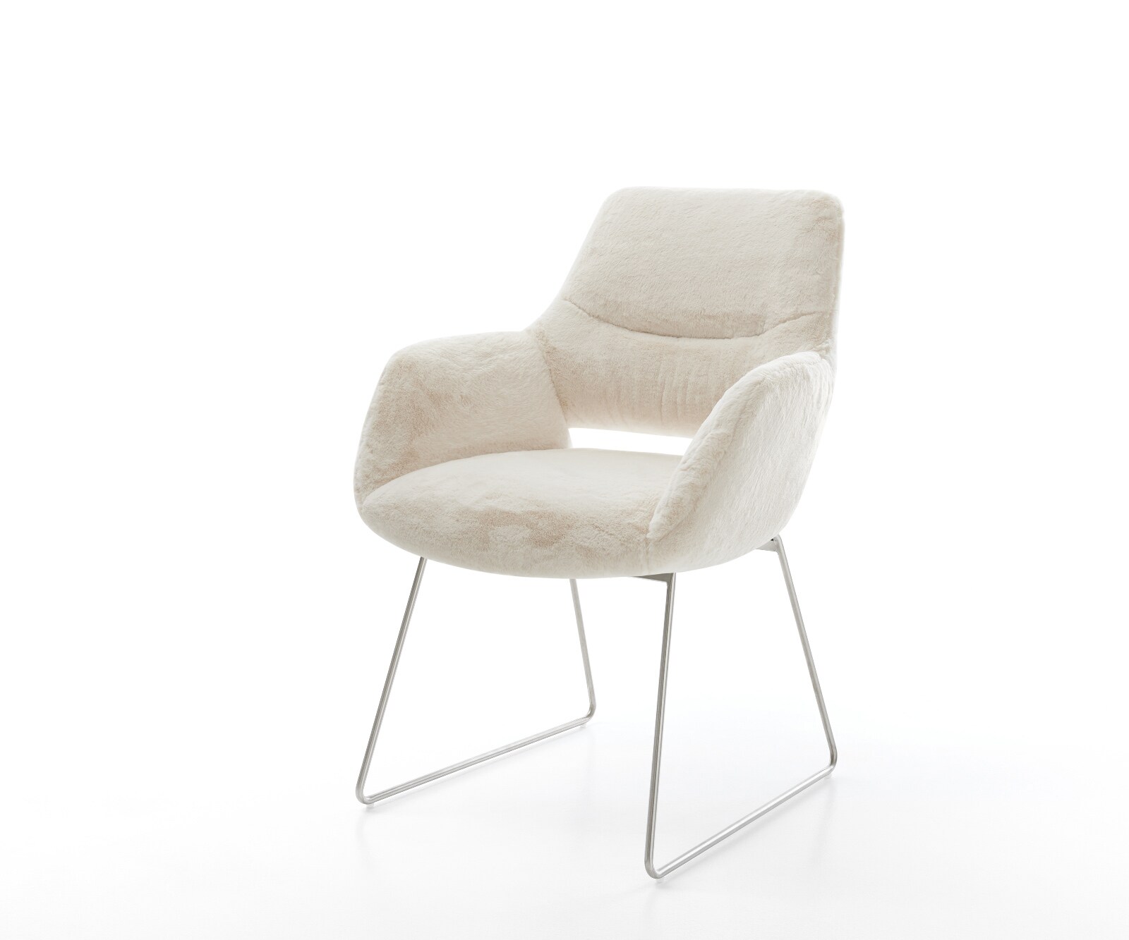 Chaise-de-salle-à-manger Yago-Flex avec accoudoirs peluche crème-blanc pied trapèze acier inoxydable resorts ensachés 1