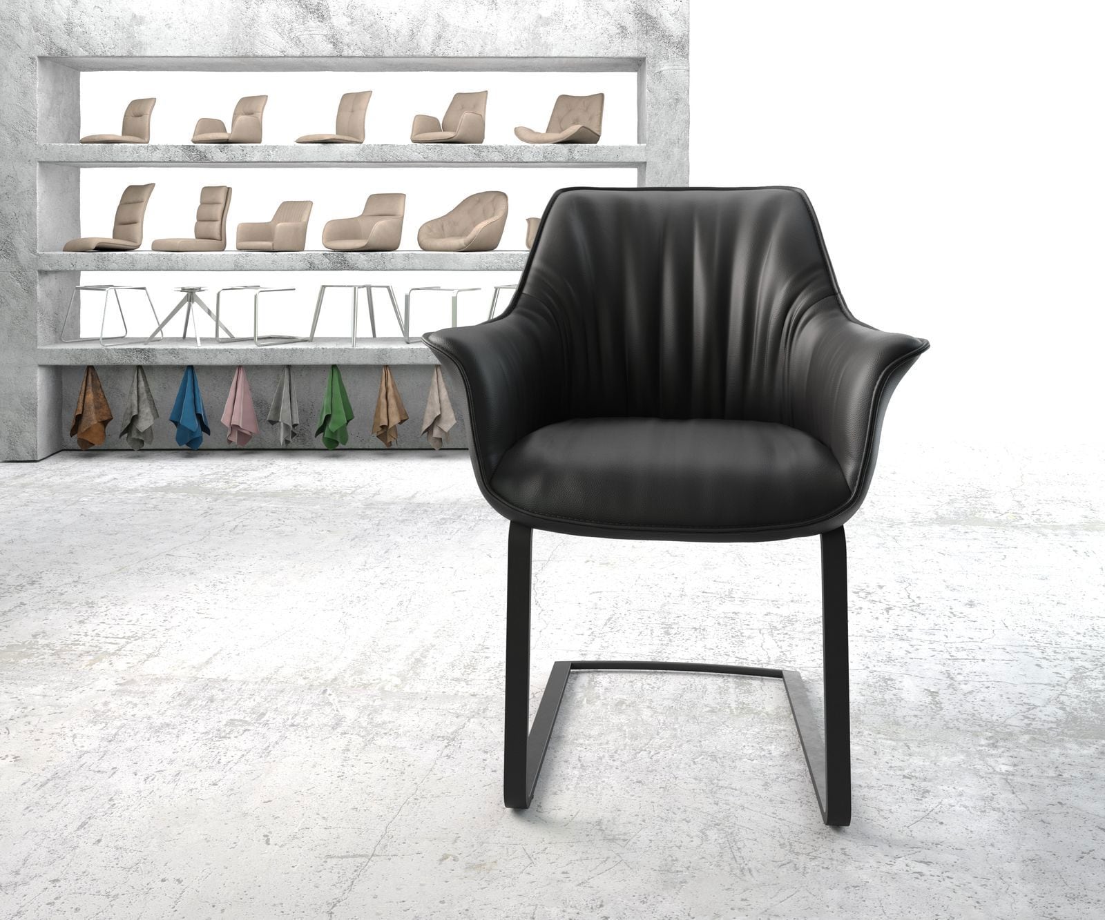 Cantilever Keila-Flex avec accoudoirs cuir de vache noir pied cantilever plat noir 1 Cantilever Keila-Flex avec accoudoirs cuir de vache noir pied cantilever plat noir 1