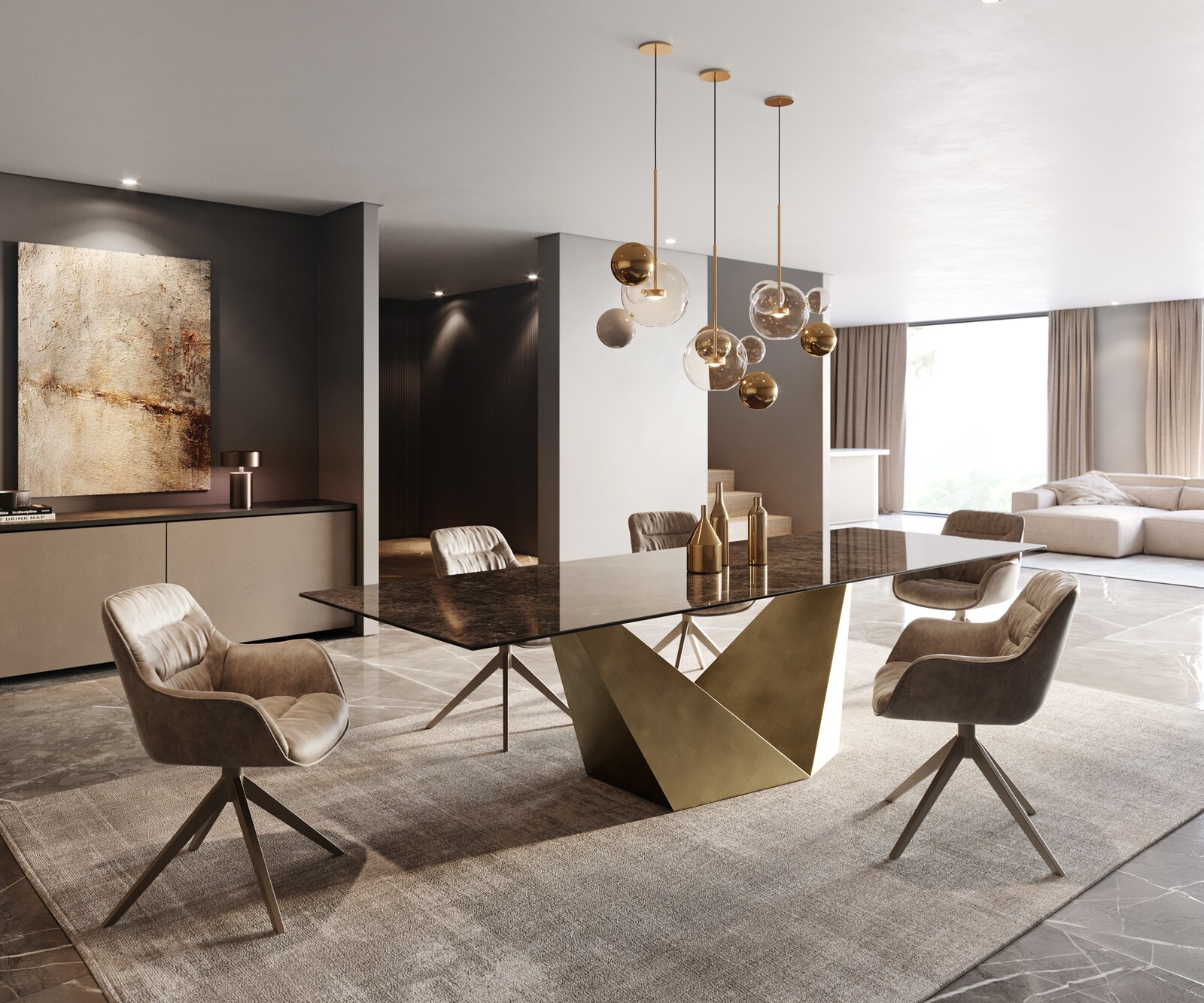 Table à manger Edge 300x100 céramique Laminam® Emperador Extra Lucidato marron foncé Prisma métallique doré 6