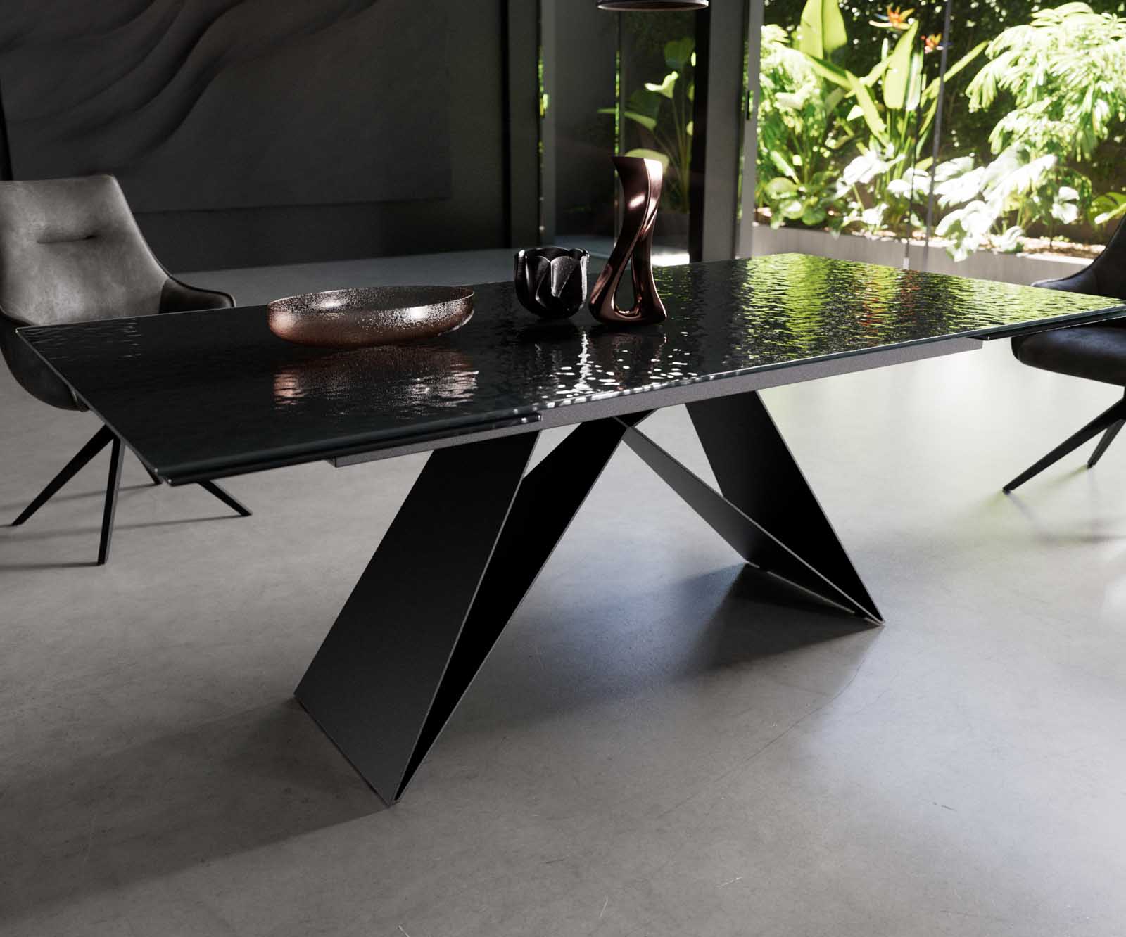 Table à manger Edge 200-300x100 verre fondu noir fumé relief en 3D cadre en V acier plat noir extensible 4