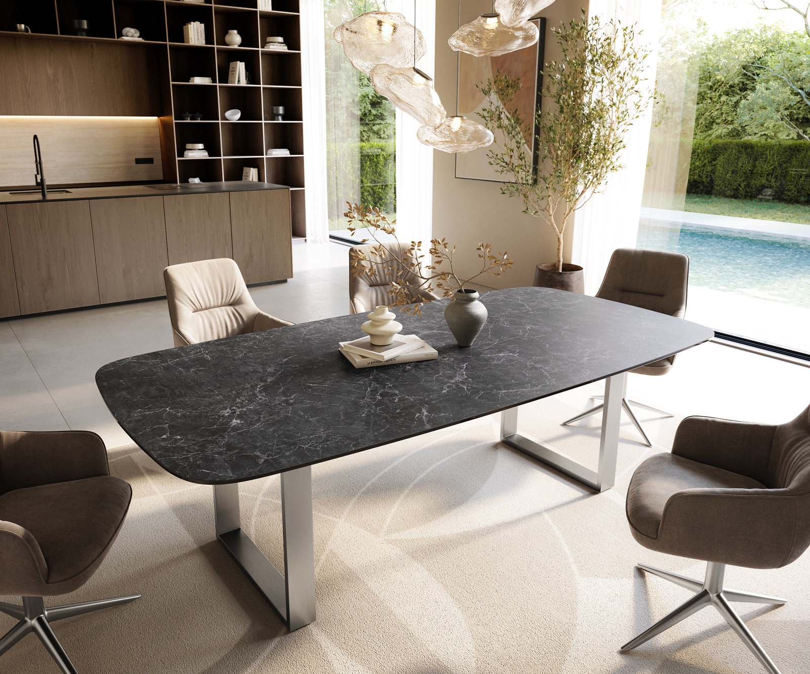 Table à manger Edge Boot 240x120 cm Céramique Laminam® Nero Greco Anthracite Acier inoxydable Schmal