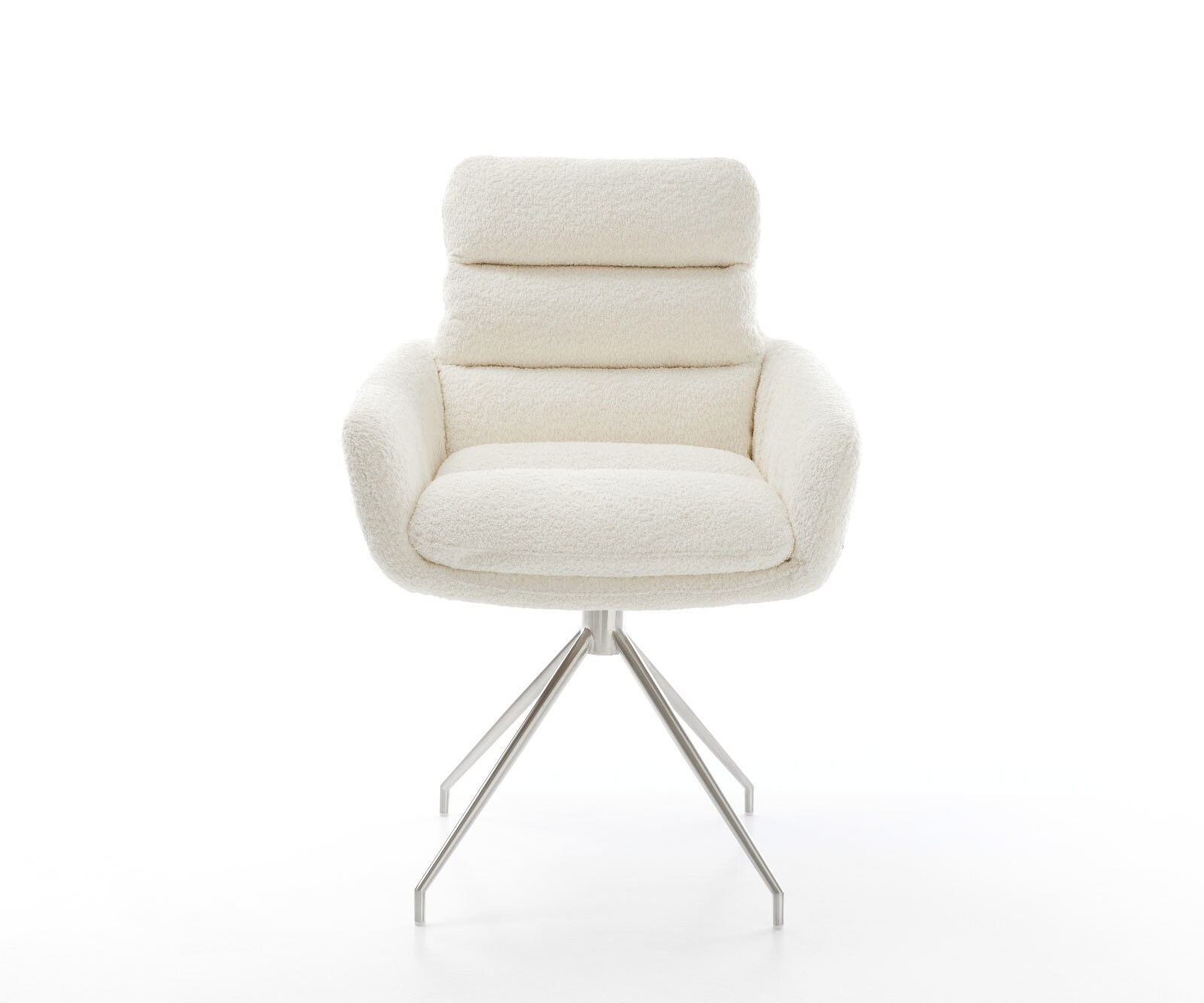 Chaise-de-salle-à-manger Abelia-Flex avec accoudoirs bouclé blanc pied croisé conique acier inoxydable brossé 1 Chaise-de-salle-à-manger Abelia-Flex avec accoudoirs bouclé blanc pied croisé conique acier inoxydable brossé 1