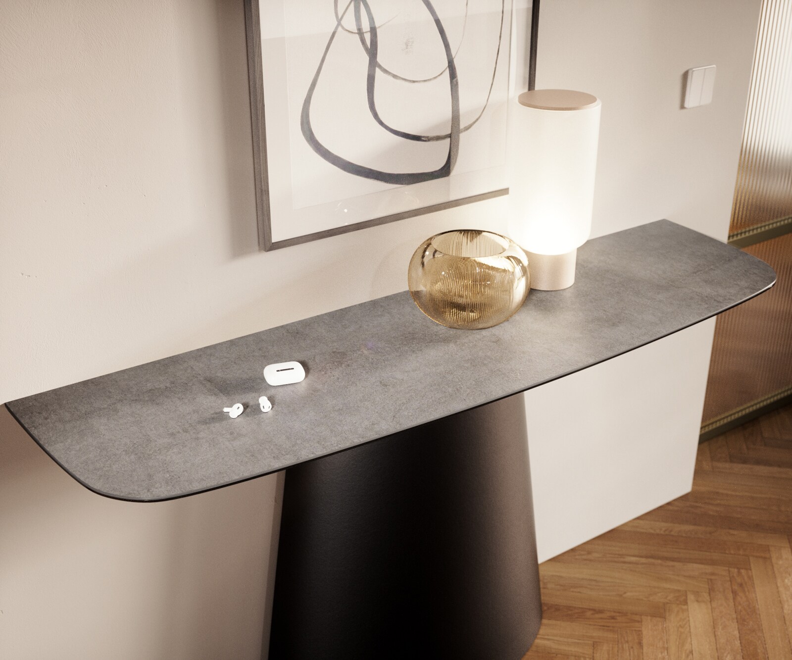 Console Edge forme bateau 140x40 cm Céramique Gris béton Conos Métal Noir 6