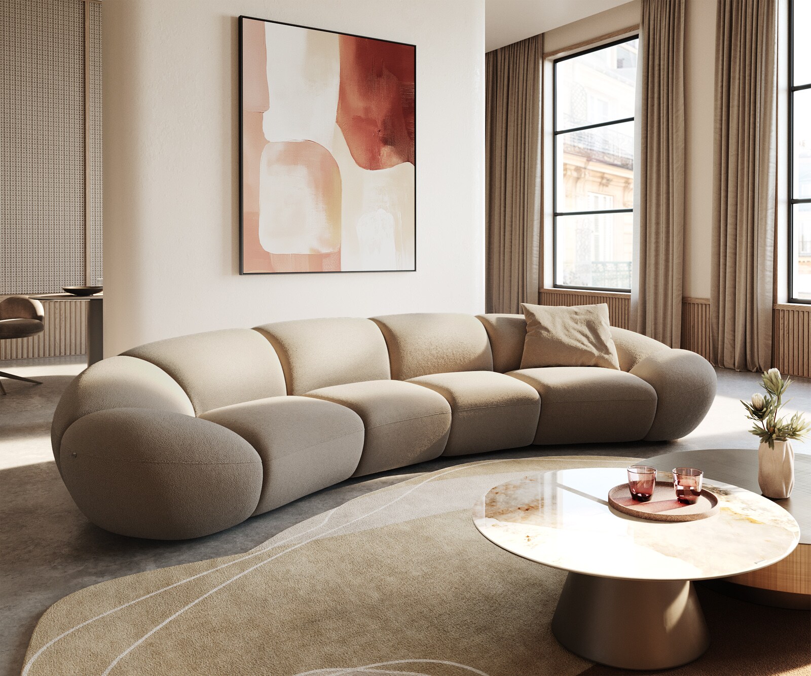 Bigsofa Lunna 360x175 cm Bouclé fin Taupe2 coussins