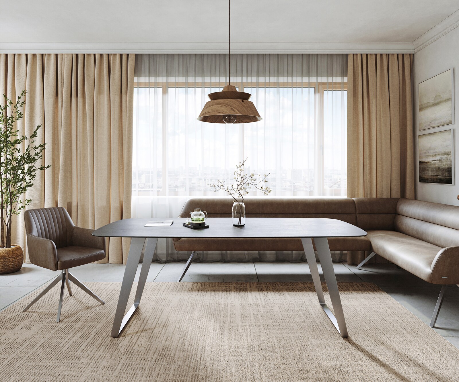 Table à manger Edge bateau 200x100 cm céramique béton gris inox incliné 1