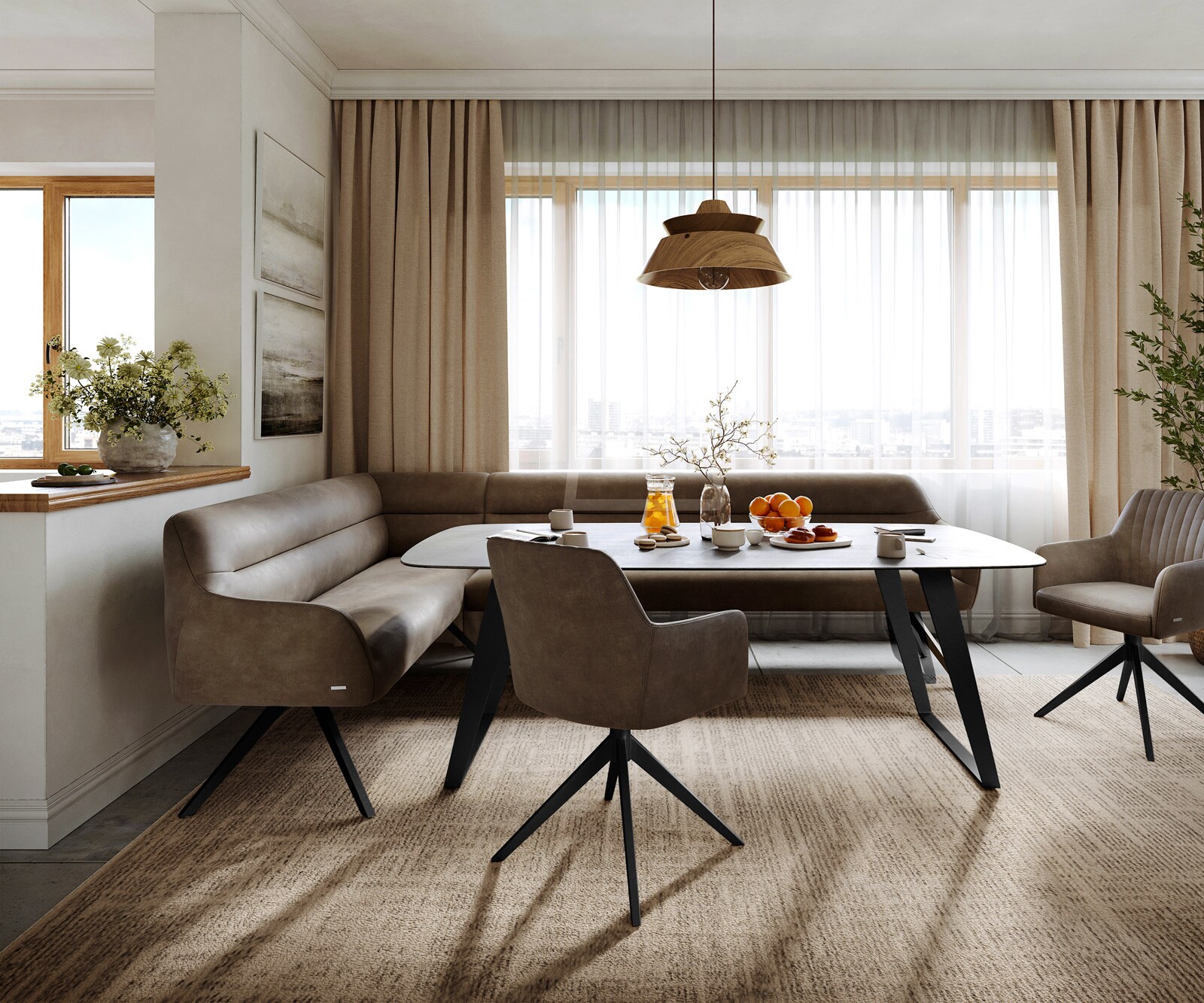 Banc-de-salle-à-manger Taya-Flex 285x190 cm microfibre taupe vintage pied croisé angulaire noir ressort ensaché à droite 2