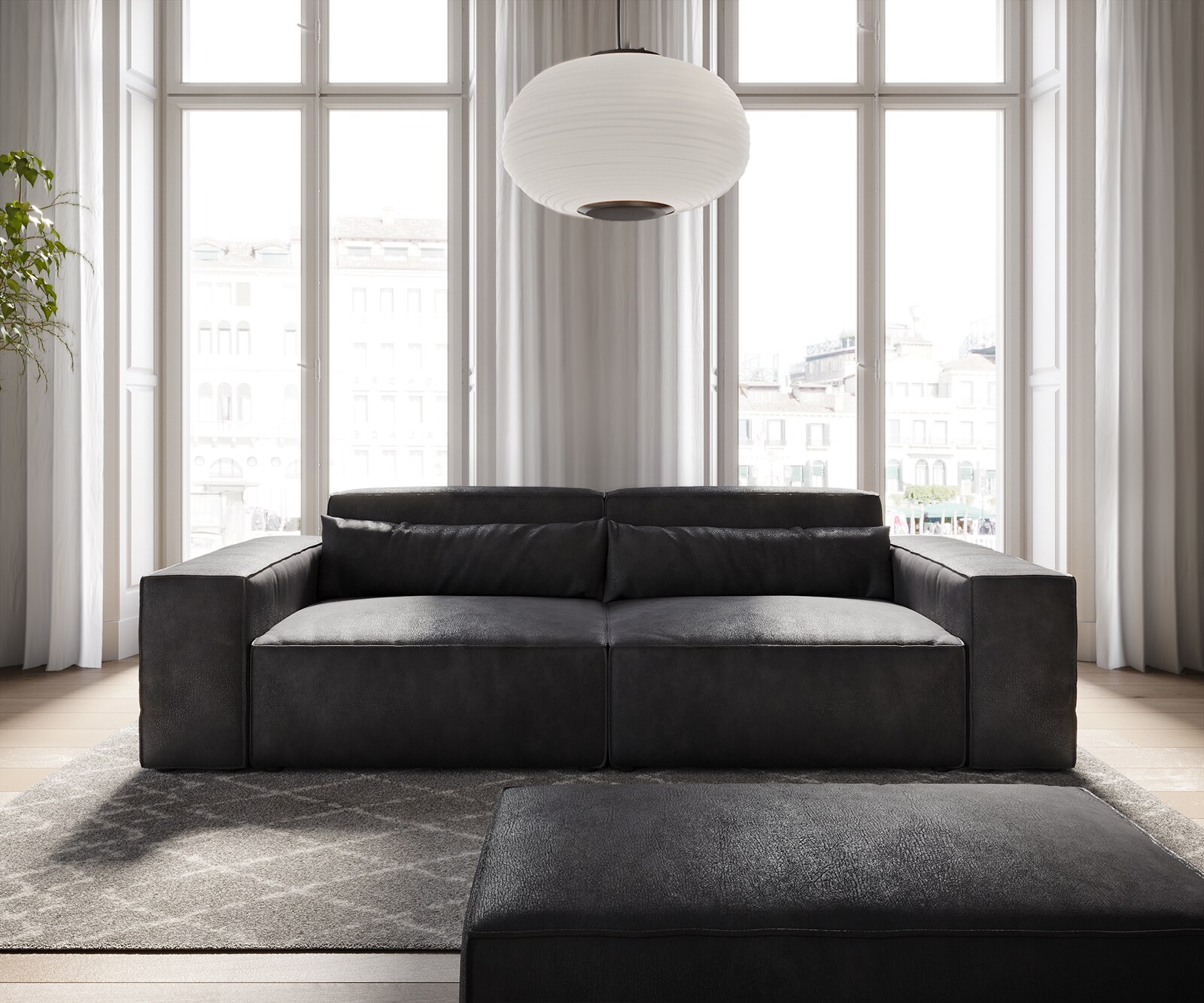 Grand Canapé Sirpio 230x95 cm Cuir synthétique Vintage Anthracite  avec Tabouret 1