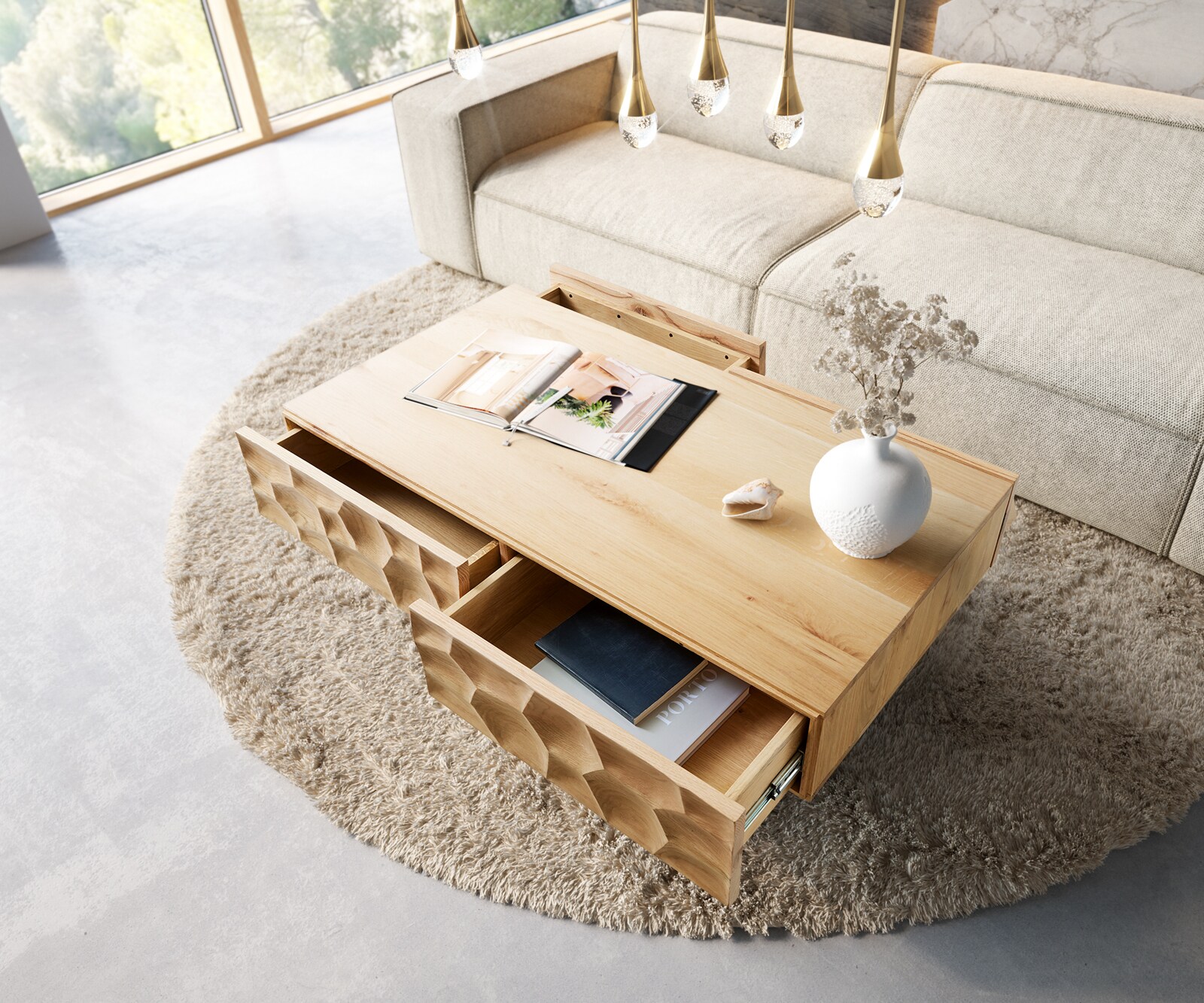 Table basse Solu 120 cm chêne naturel 4 tiroirs pied profilé métal noir face avant 3D 3