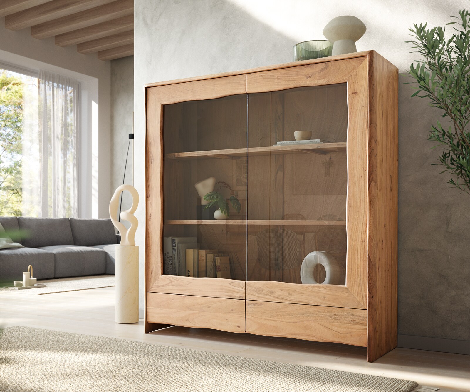 Vitrine Live-Edge 140x150 cm Acacia Naturel 2 portes 2 tiroirs Massif